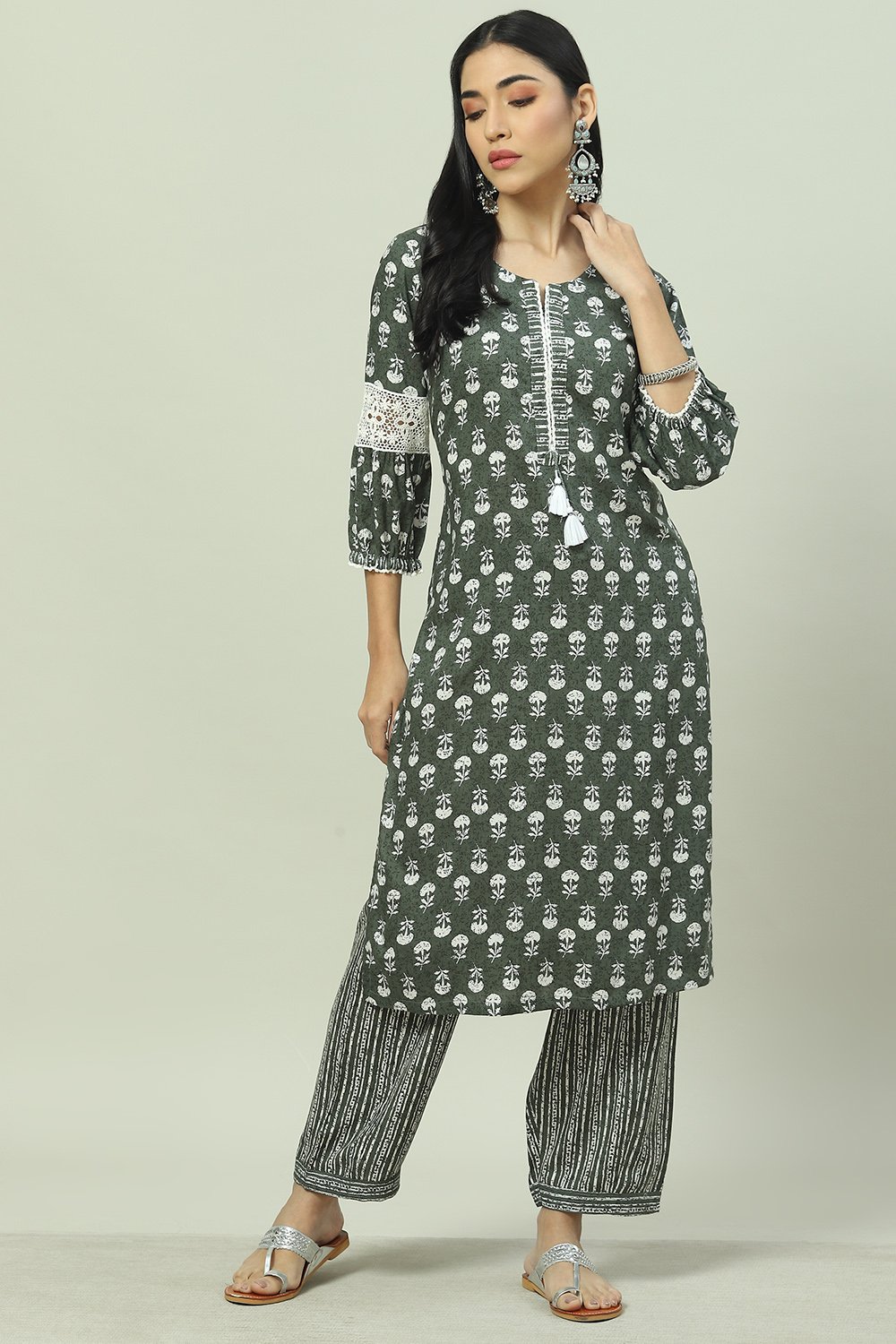 Olive Green LIVA Woven Straight Kurta Suit Set image number 6