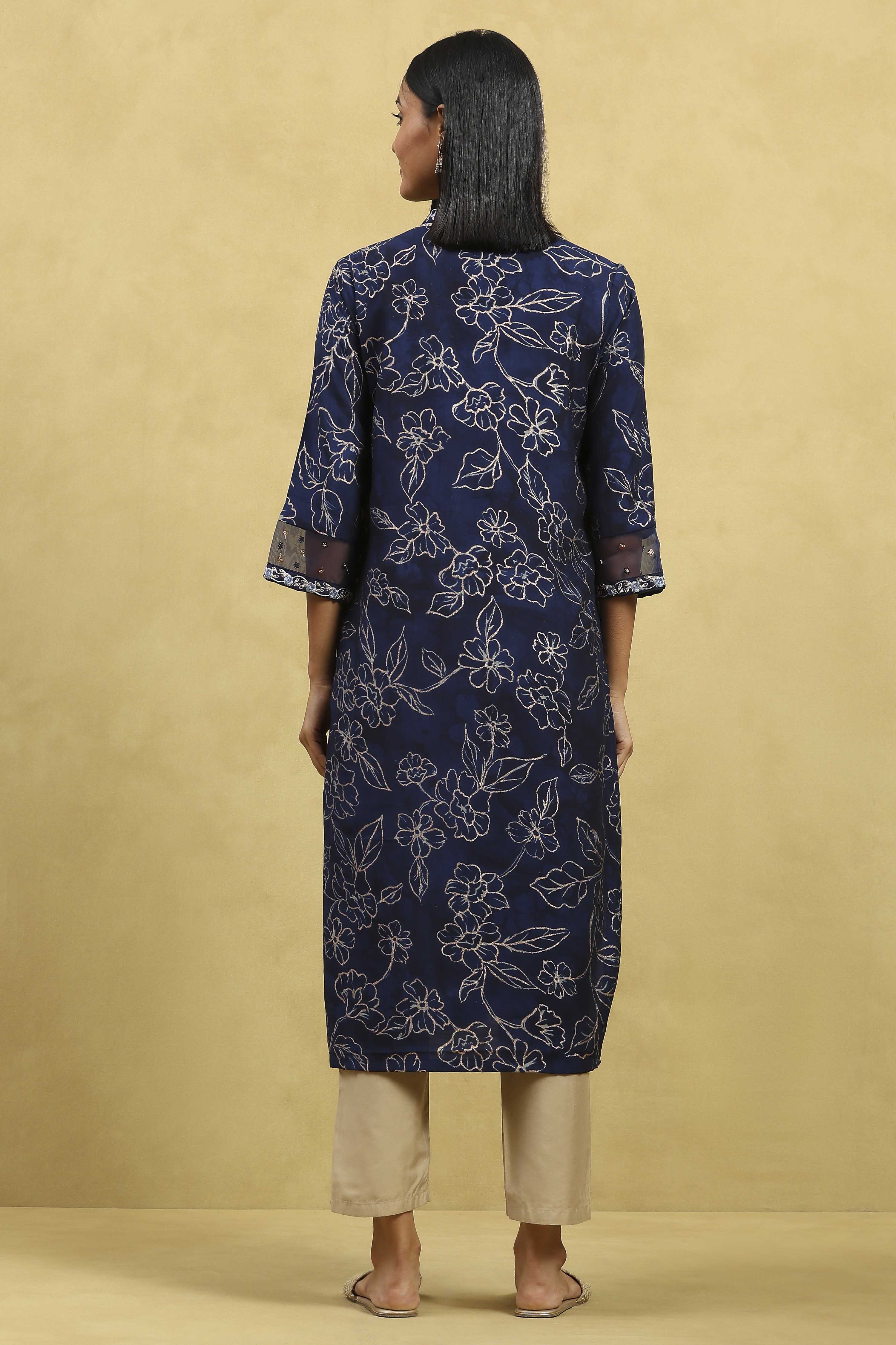 Indigo Blue Viscose Blend Printed Straight Kurta image number 3