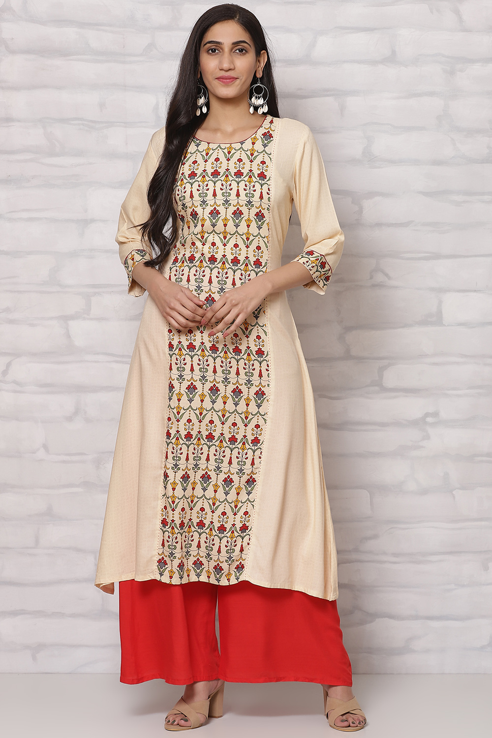 Cream LIVA A Line Kurta image number 0