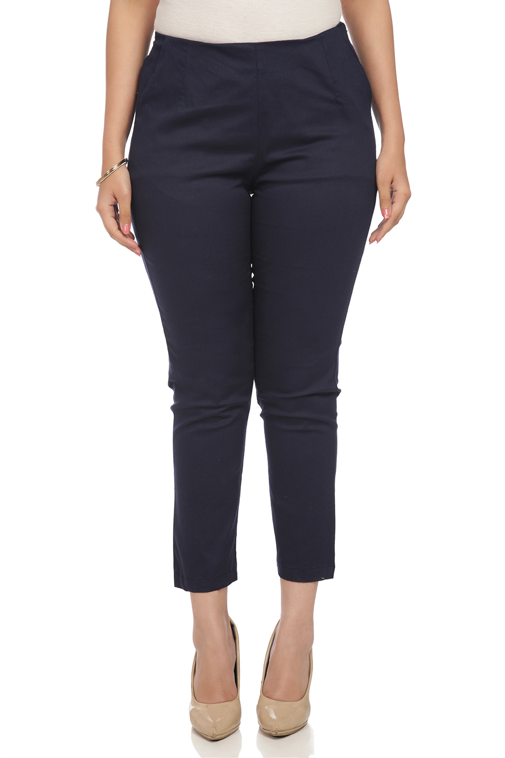 Navy-Blue Art Silk Slim Pants image number 0