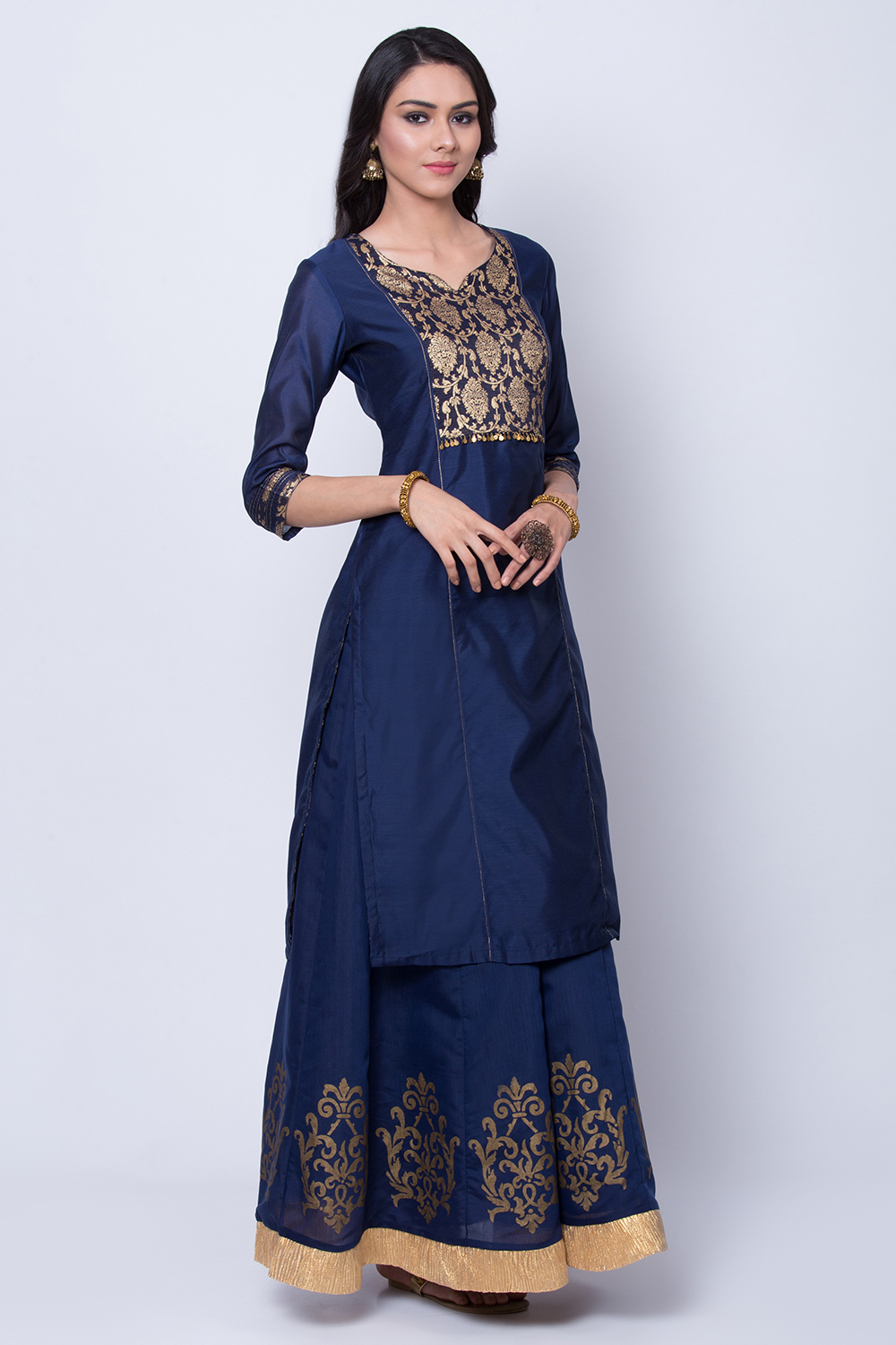 Navy Blue Poly Chanderi Straight Suit Set image number 3