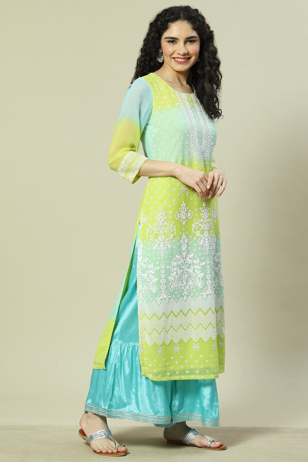 Lime Green Cotton Blend Straight Kurta image number 3