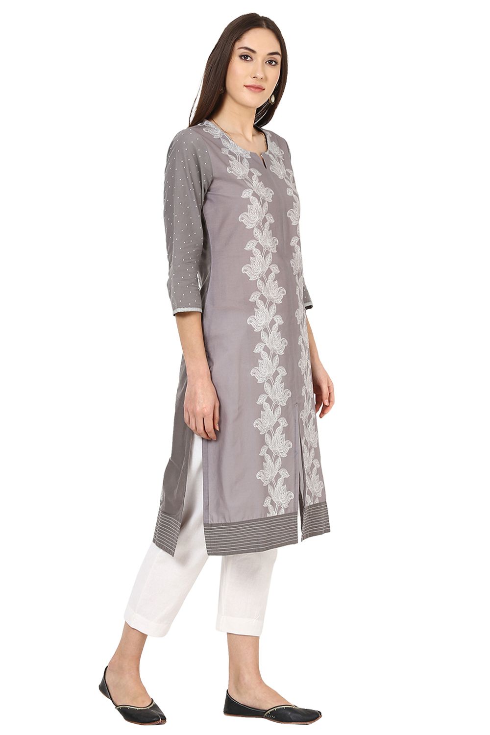Grey Straight Cotton Kurta image number 2