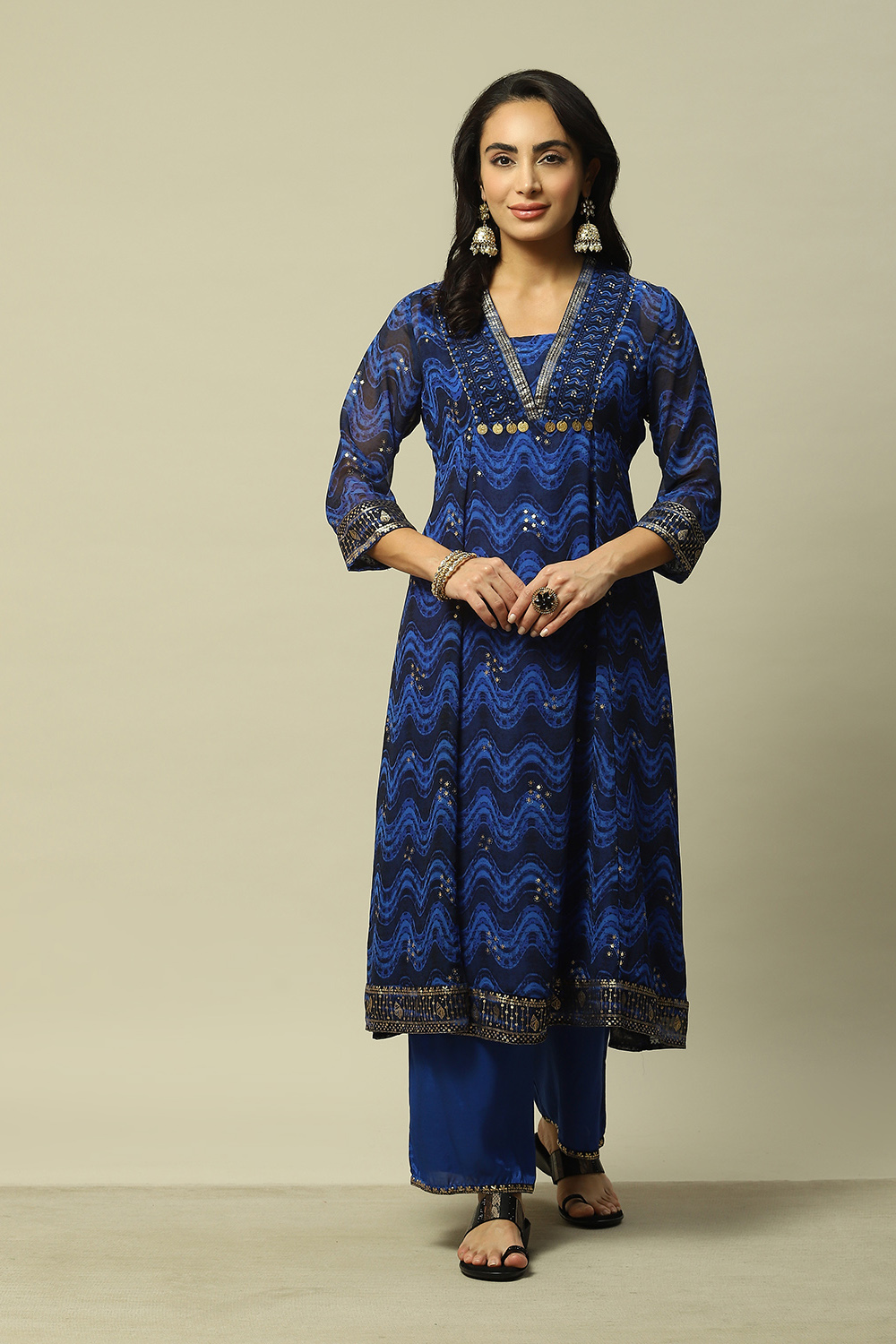 Coblt Blue LIVA Anarkali Printed Kurta Palazzo Suit Set image number 6