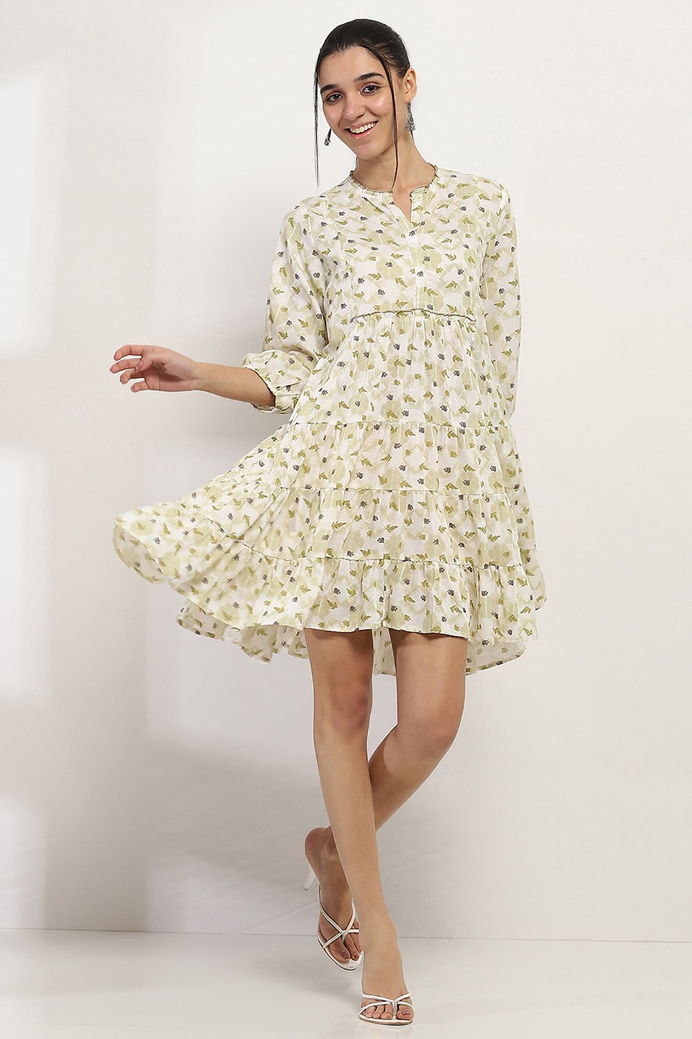 Olive Viscose Rayon Tiered Dress image number 5