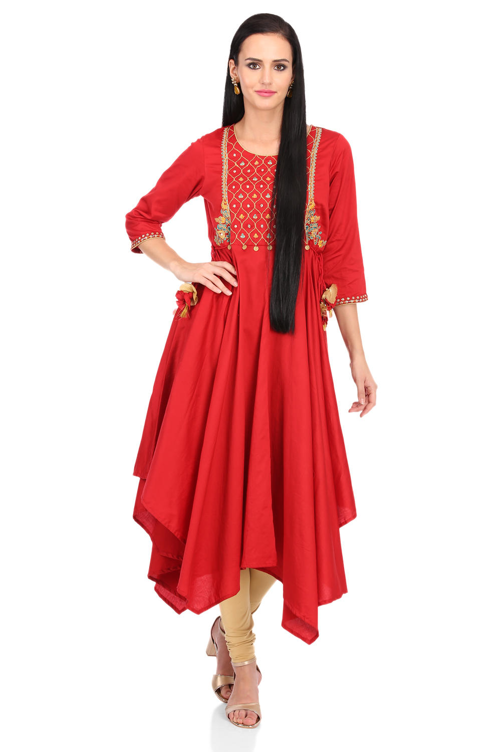Red Asymmetric Cotton Dress image number 4