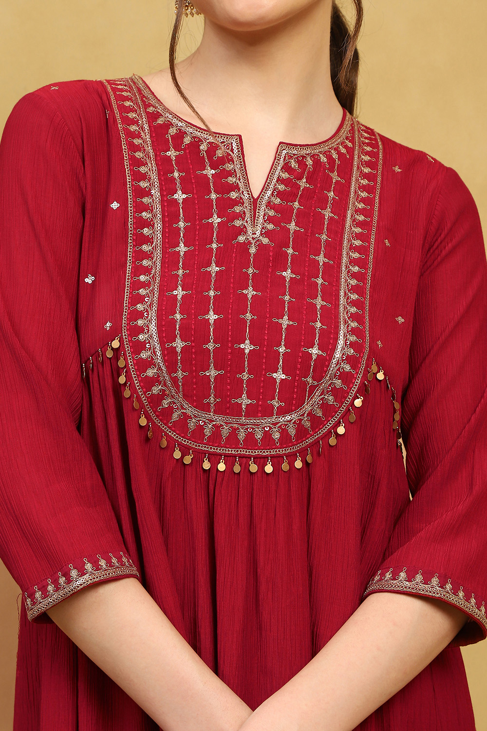 Red Viscose Blend Embroidered Flared Suit Set image number 1