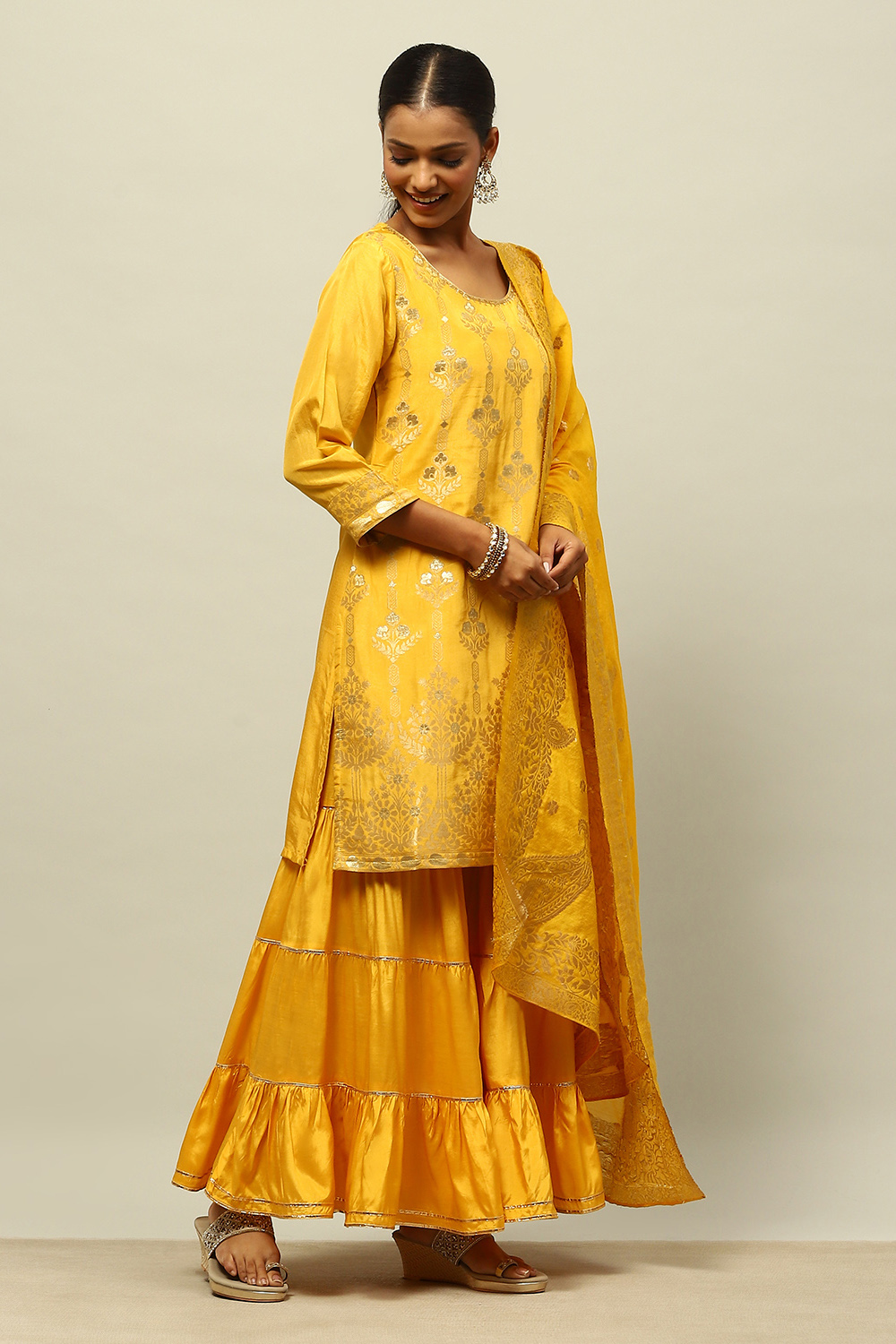 Mustard Yellow Viscose Blend Straight Yarn Dyed Kurta Sharara Suit Set image number 5