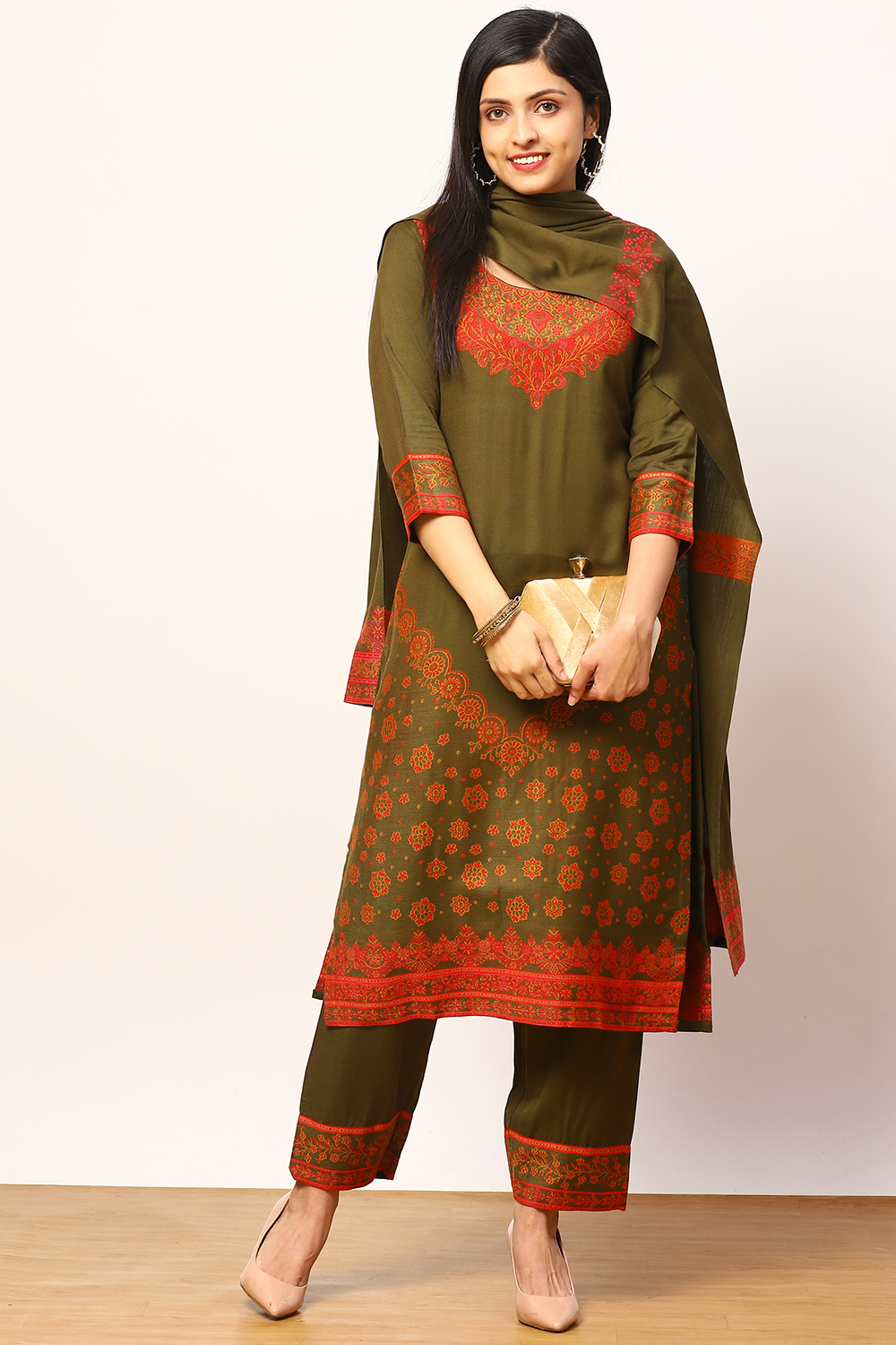 Olive Green Acrylic Straight Suit Set image number 0