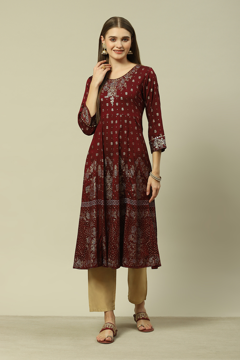 Maroon Poly Viscose Kalidar Printed Dress image number 5