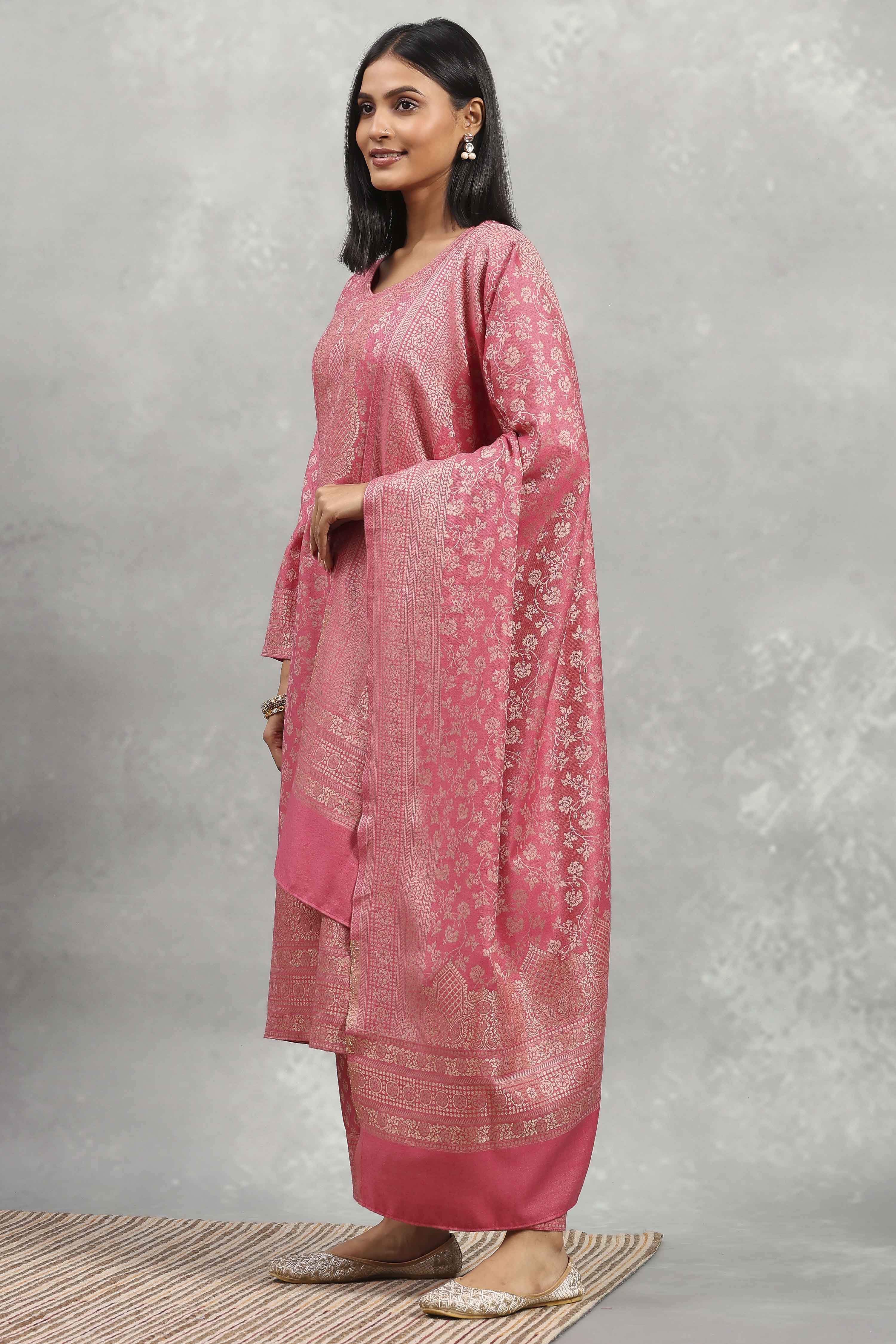 Coral Polyester Yarndyed Straight Suit Set image number 3