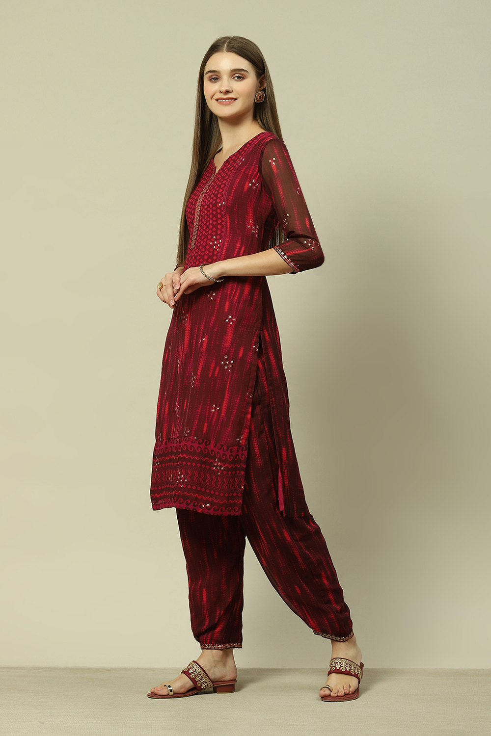 Wine Polyester Straight Printed Kurta Palazzo Suit Set image number 1