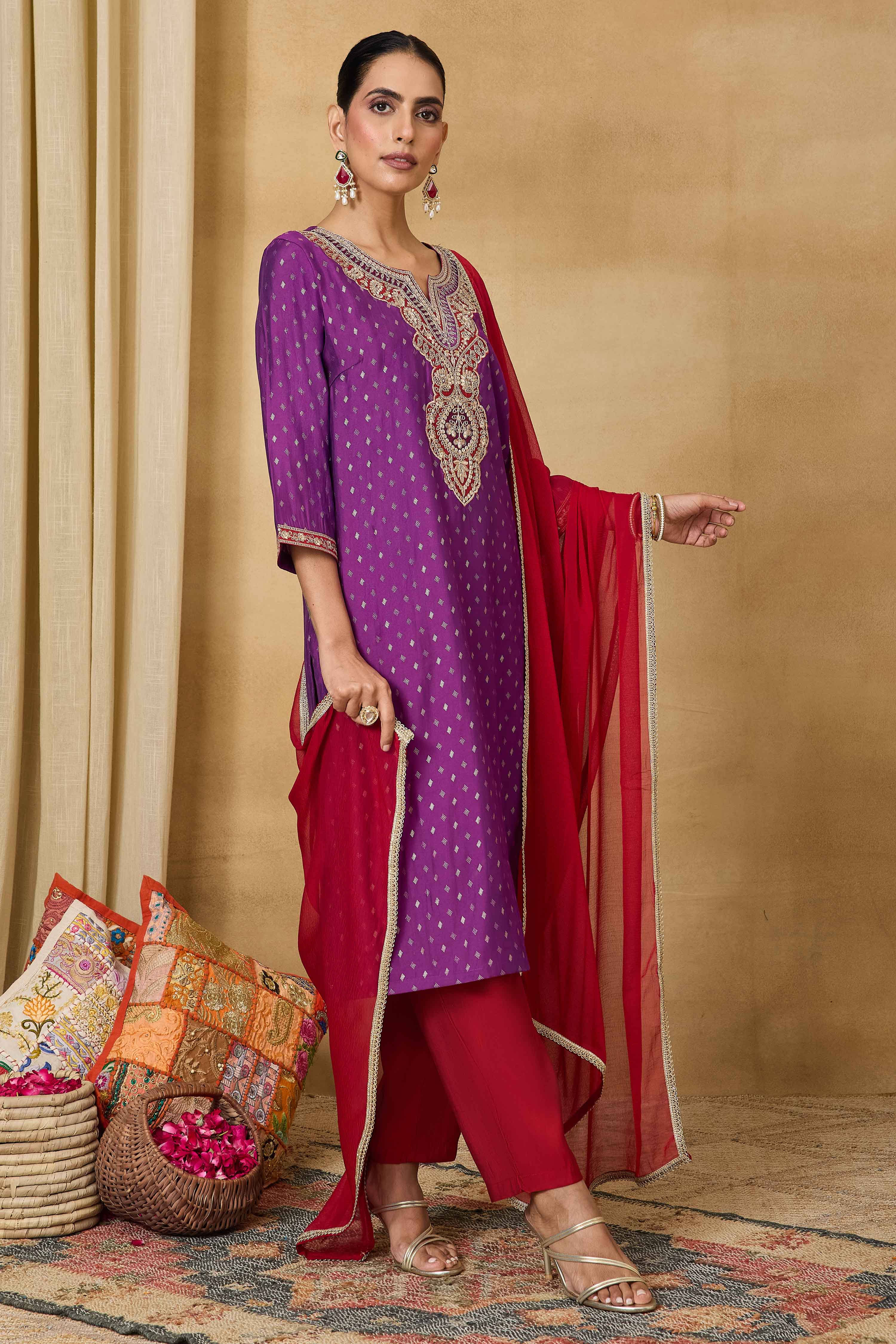Purple Viscose Blend Straight Printed Suit Set image number 6