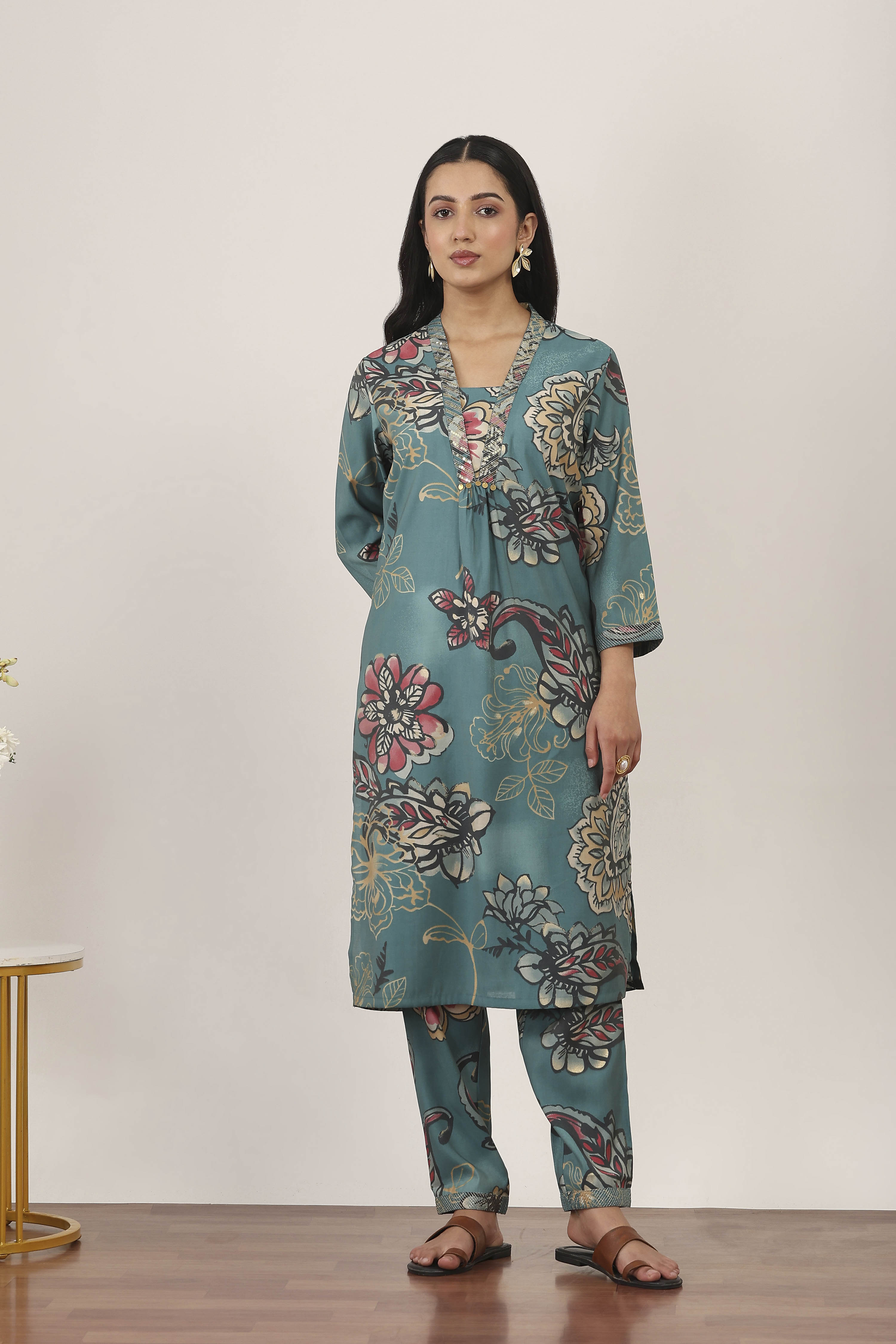 Orange Viscose Polyester Viscose Rayon Kurta Pants Set image number 6