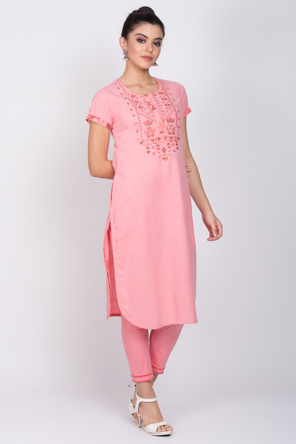 Peach Cotton Straight Kurta image number 3
