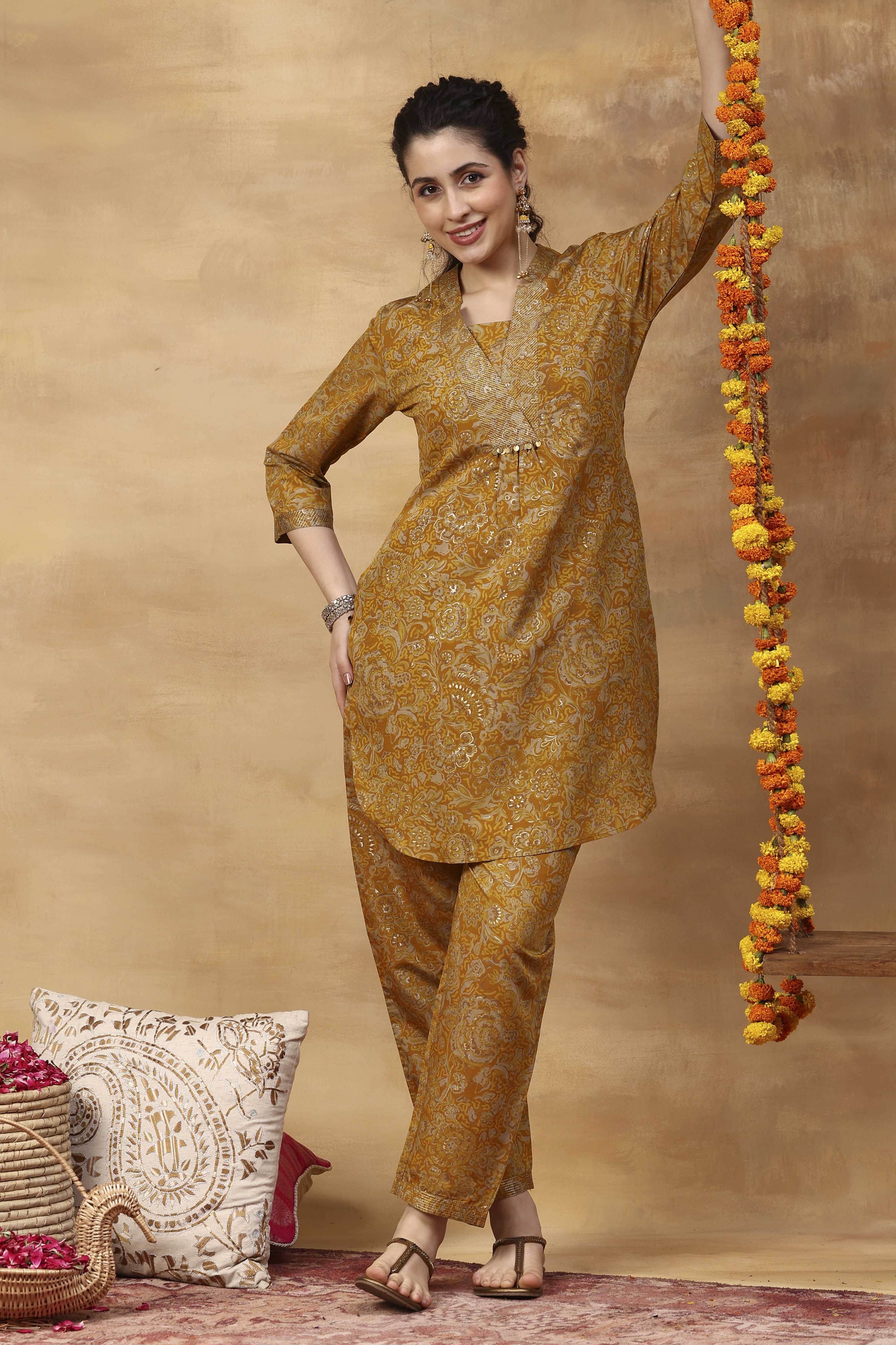 Yellow Viscose Blend A-Line Printed Kurta Pants Set image number 0