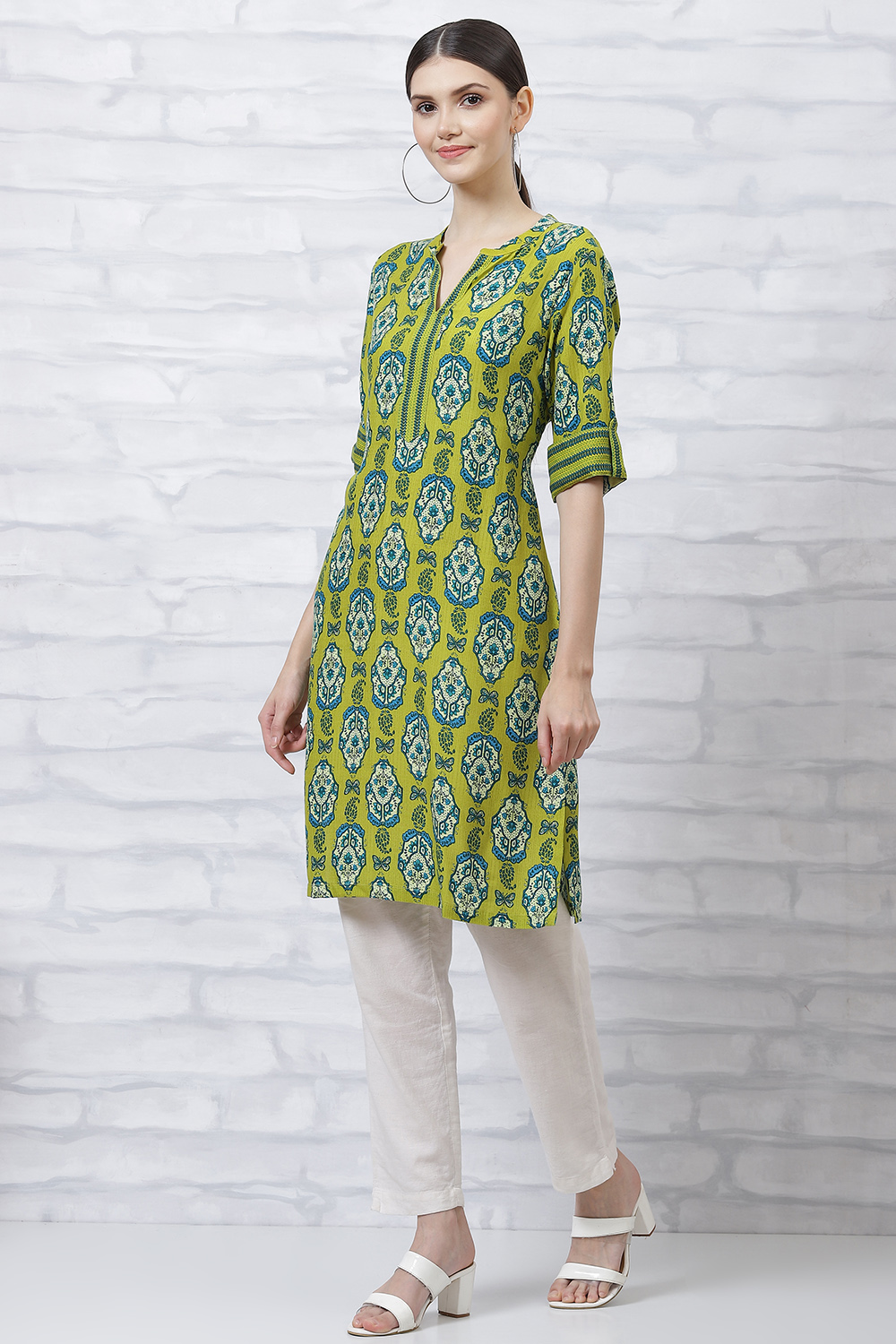Lime Green LIVA Straight Kurta image number 0