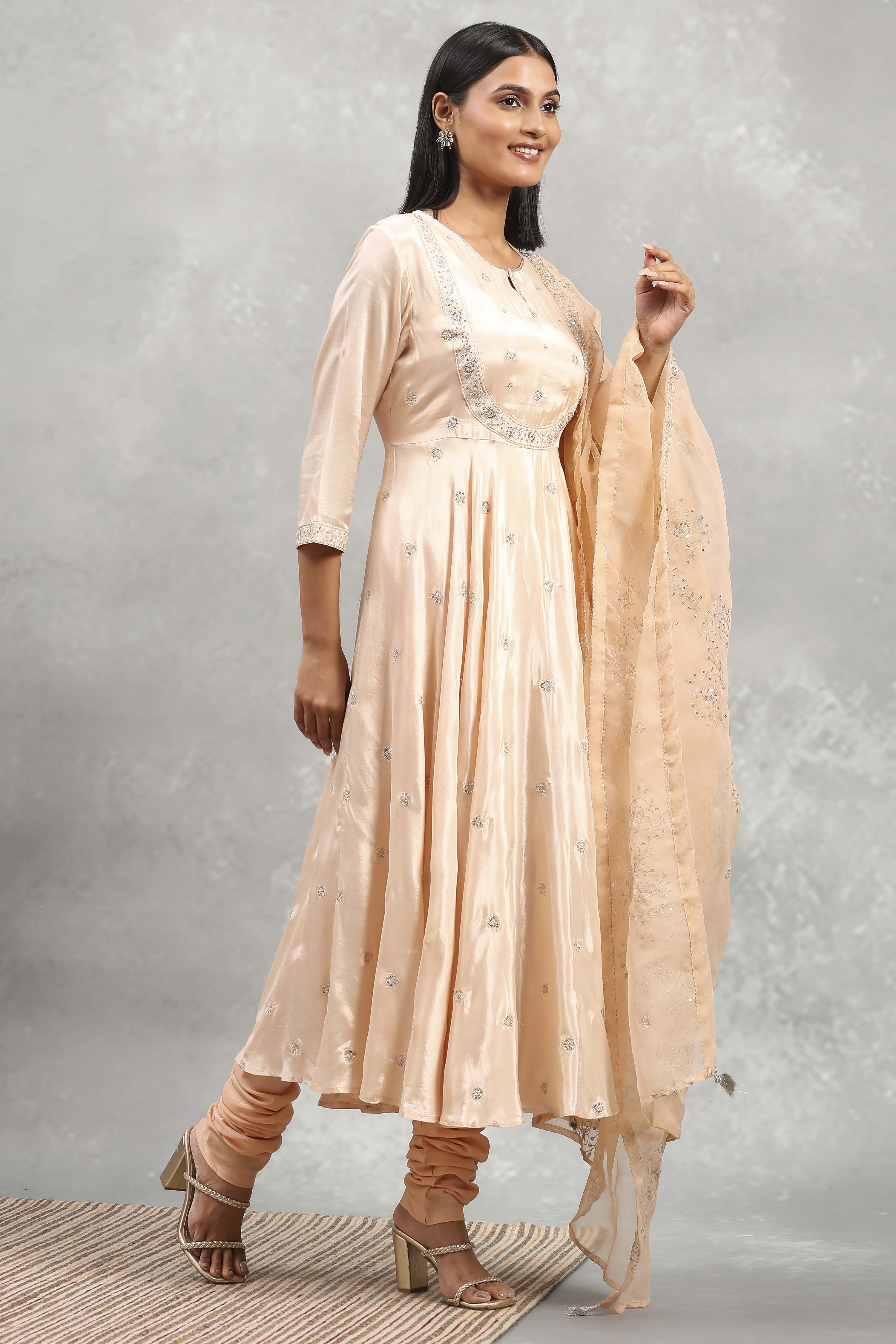 Beige Viscose Rayon Embroidered Anarkali Suit Set image number 4
