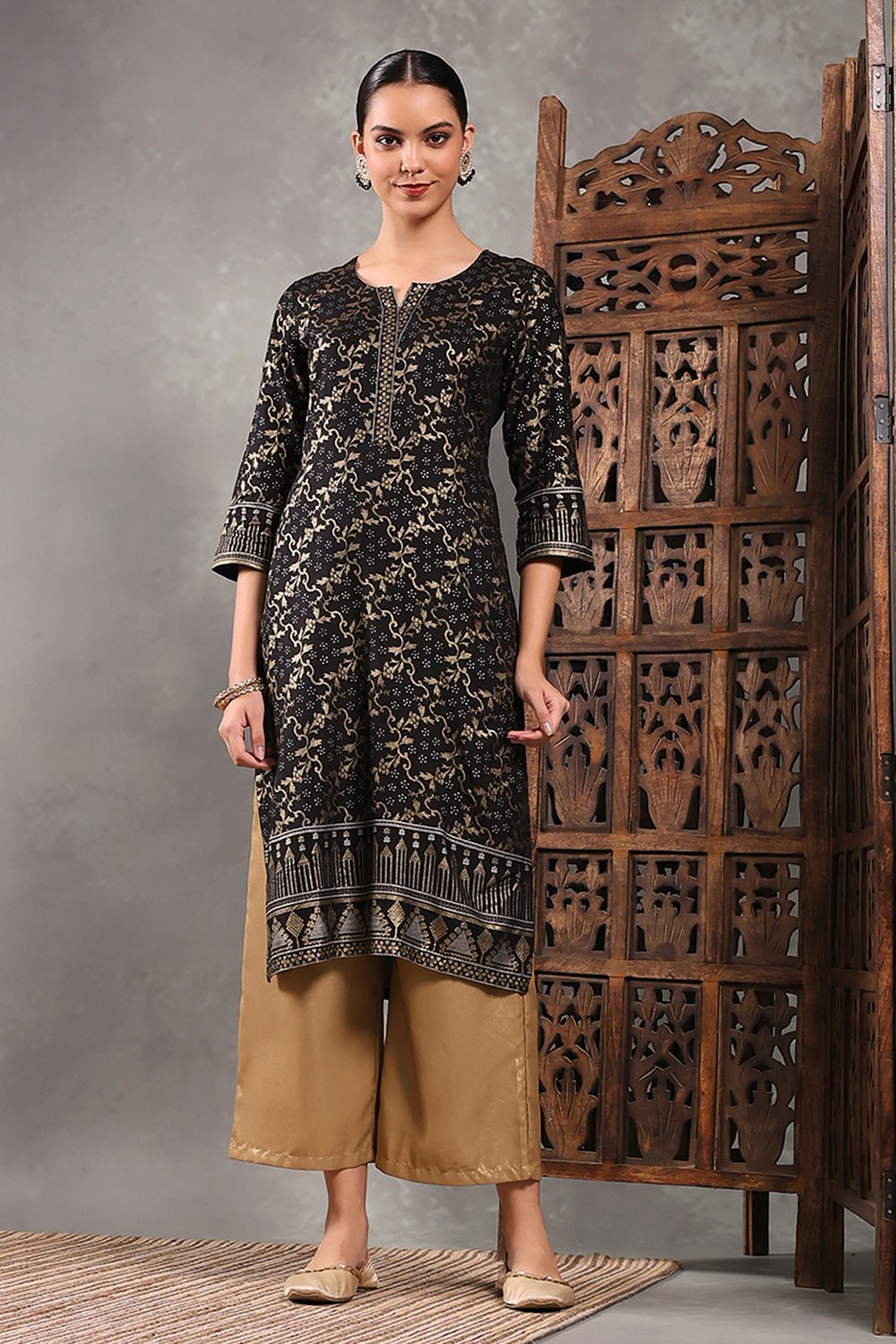 Black Viscose Rayon Printed Straight Kurta image number 1