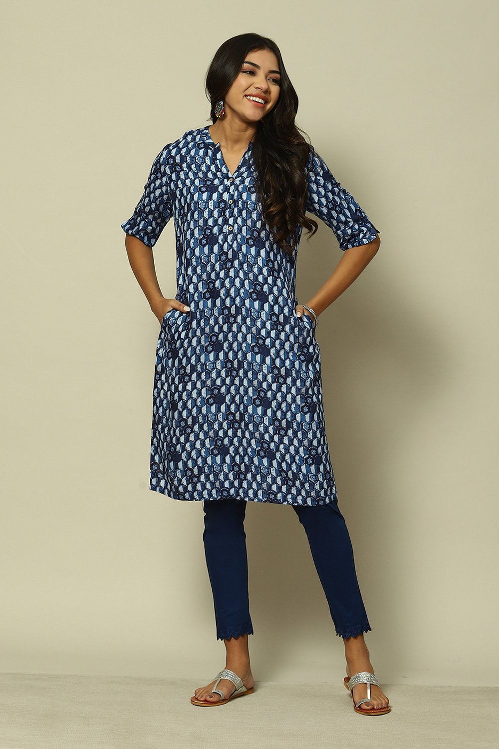 Indigo Blue Viscose Straight Printed Kurta image number 5
