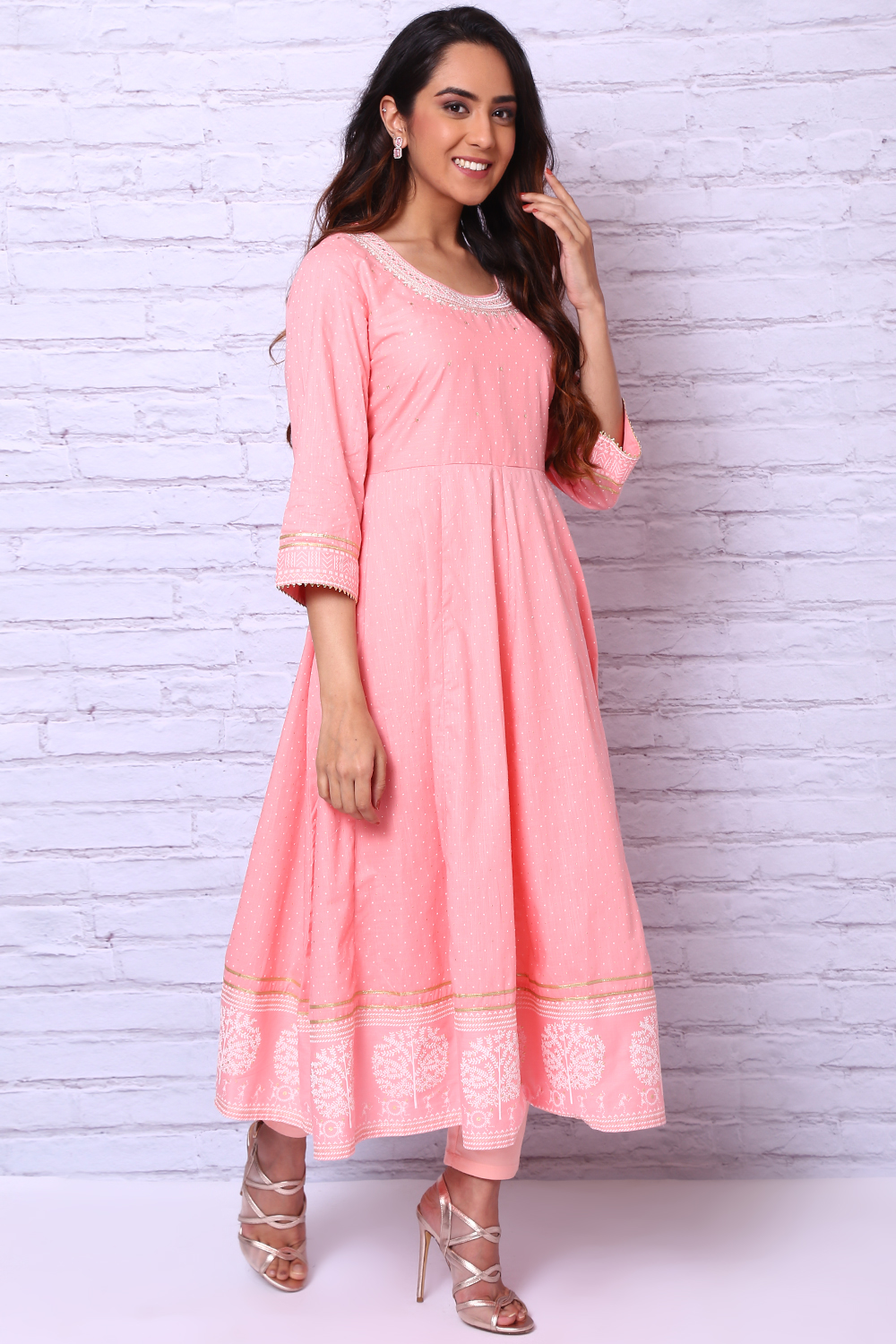 Peach Cotton Slub Kalidar Kurta image number 1