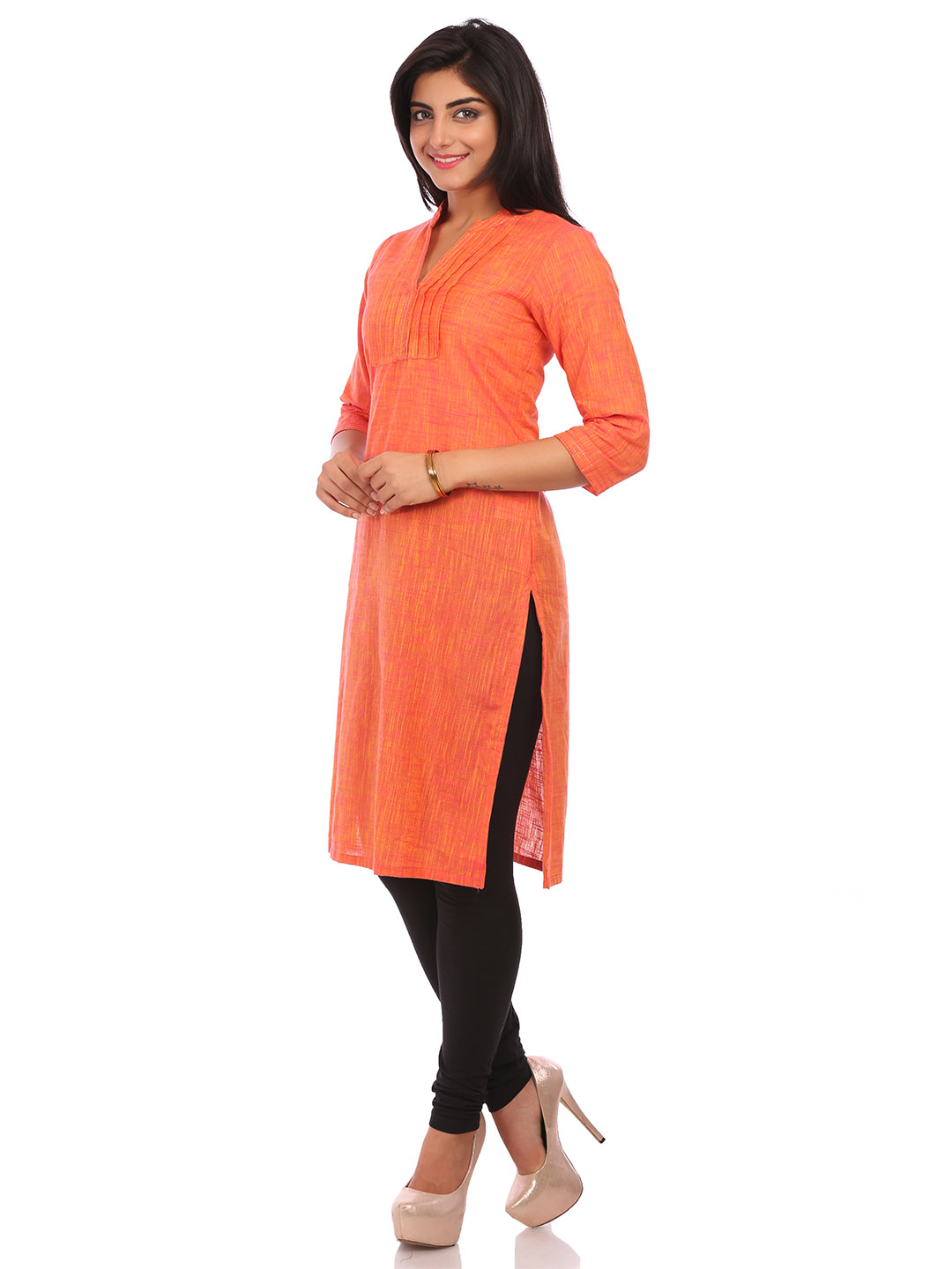 Orange Cotton Straight Kurta image number 3