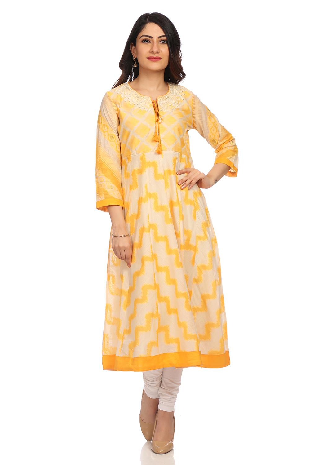Yellow Kalidar Poly Cotton Kurta image number 0