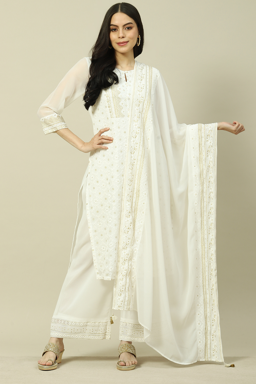 White Cotton Blend Woven Dupatta image number 0