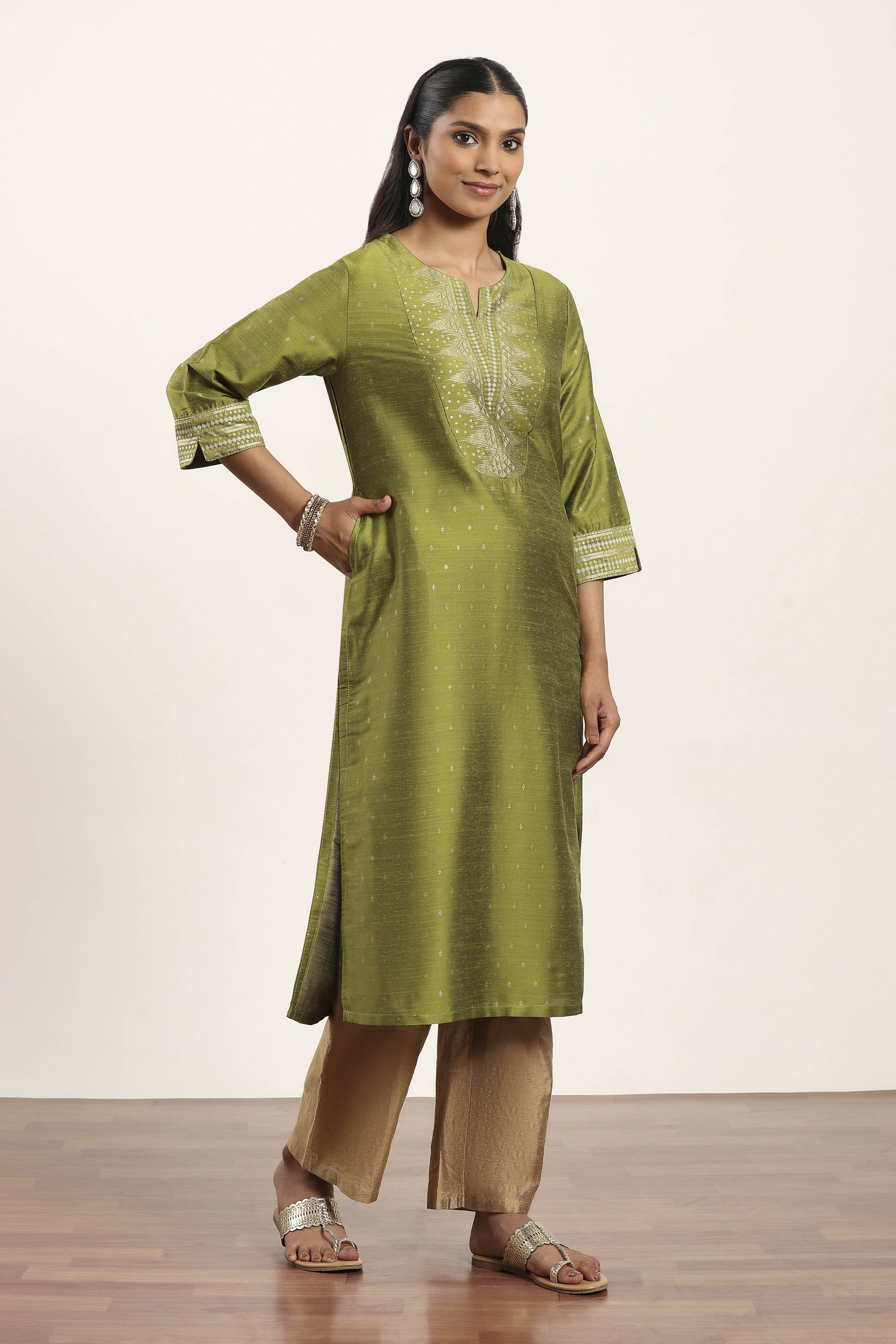 Lime Green Viscose Rayon Straight Kurta Pants Set image number 5
