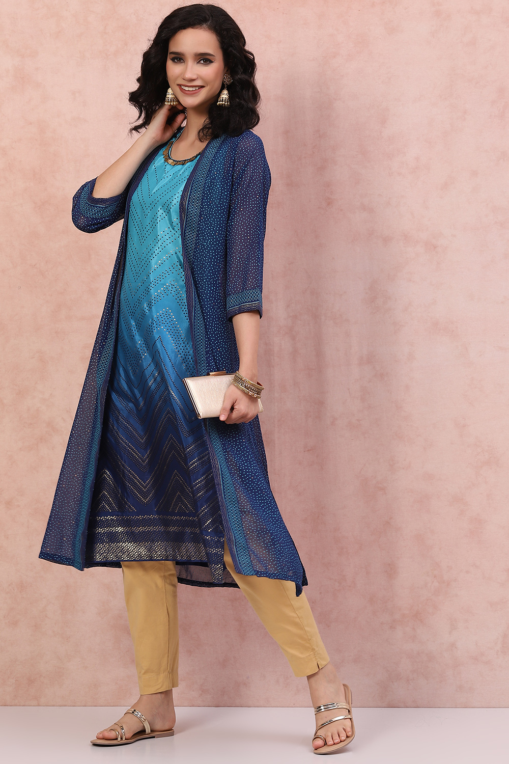 Turq Blue Art Silk Bandhani Kurta image number 5