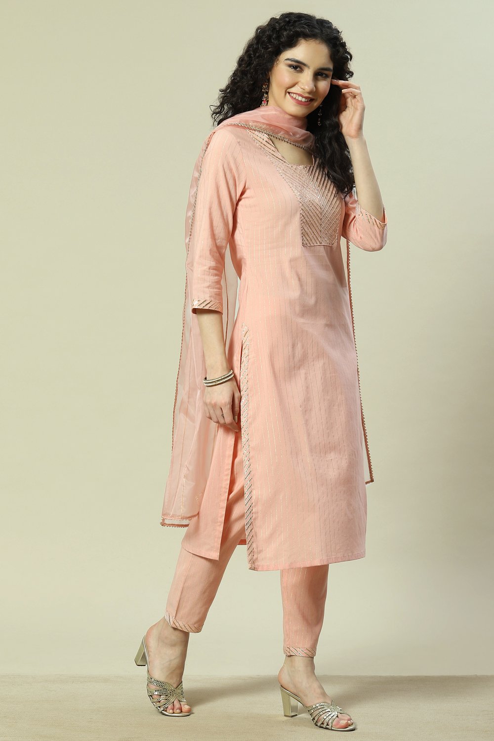 Beige Viscose Woven Straight Kurta Suit Set image number 6