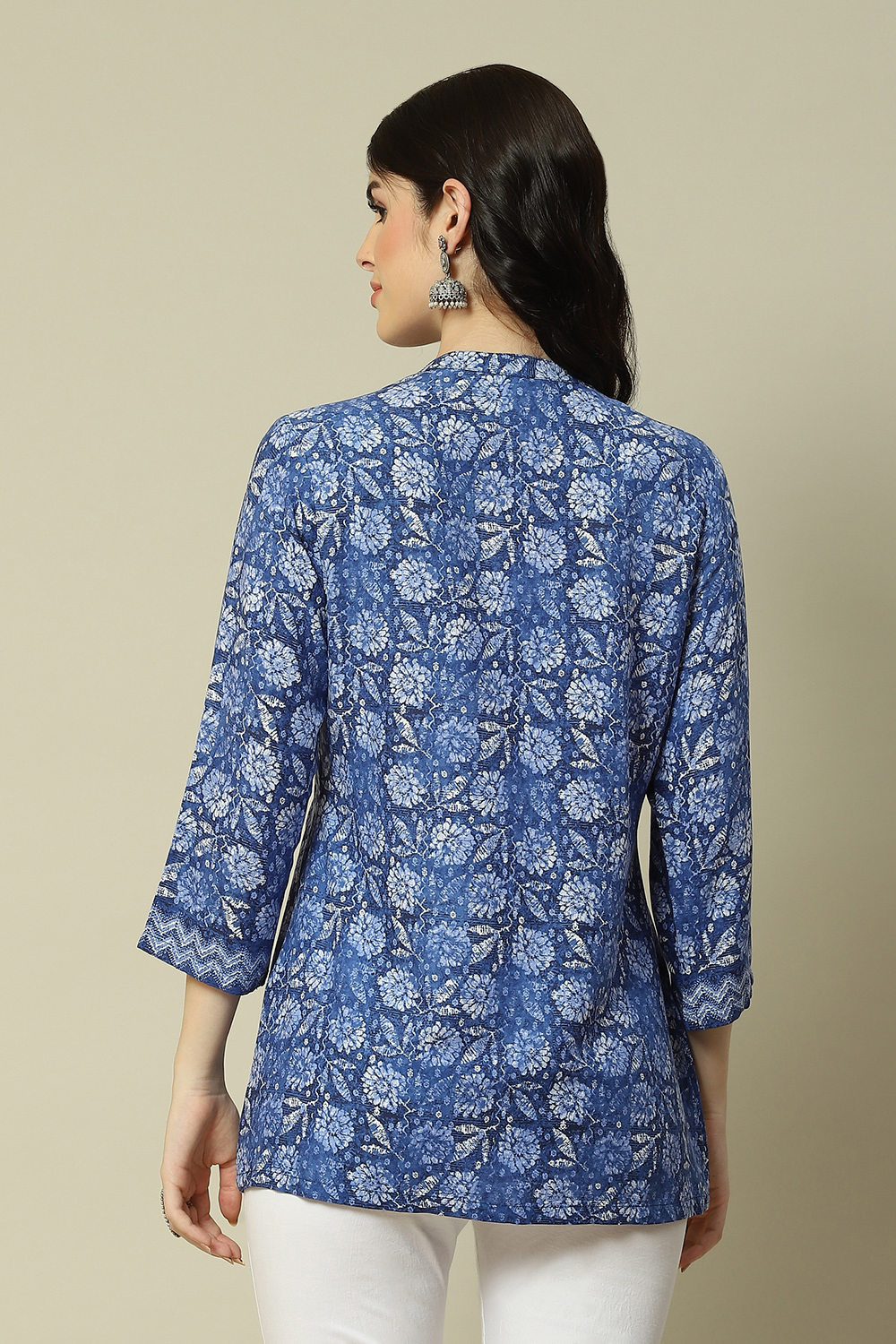 Blue Viscose Straight Printed Top image number 4