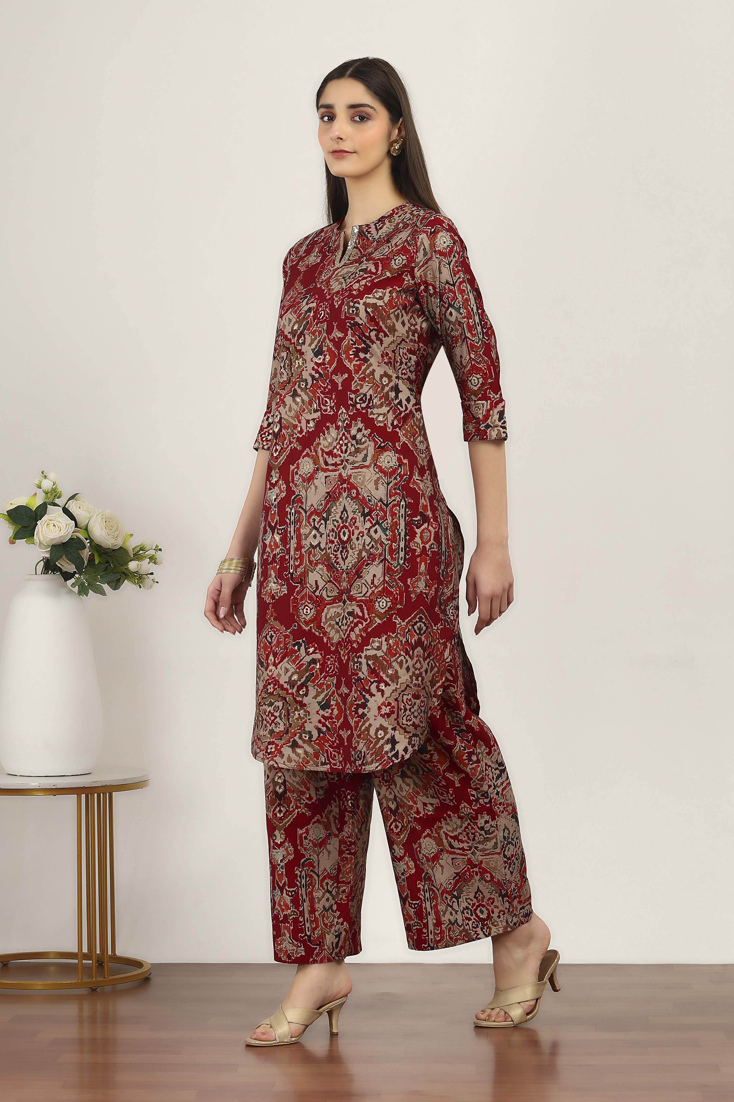 Red Viscose Polyester Viscose Rayon Kurta Pants Set image number 3