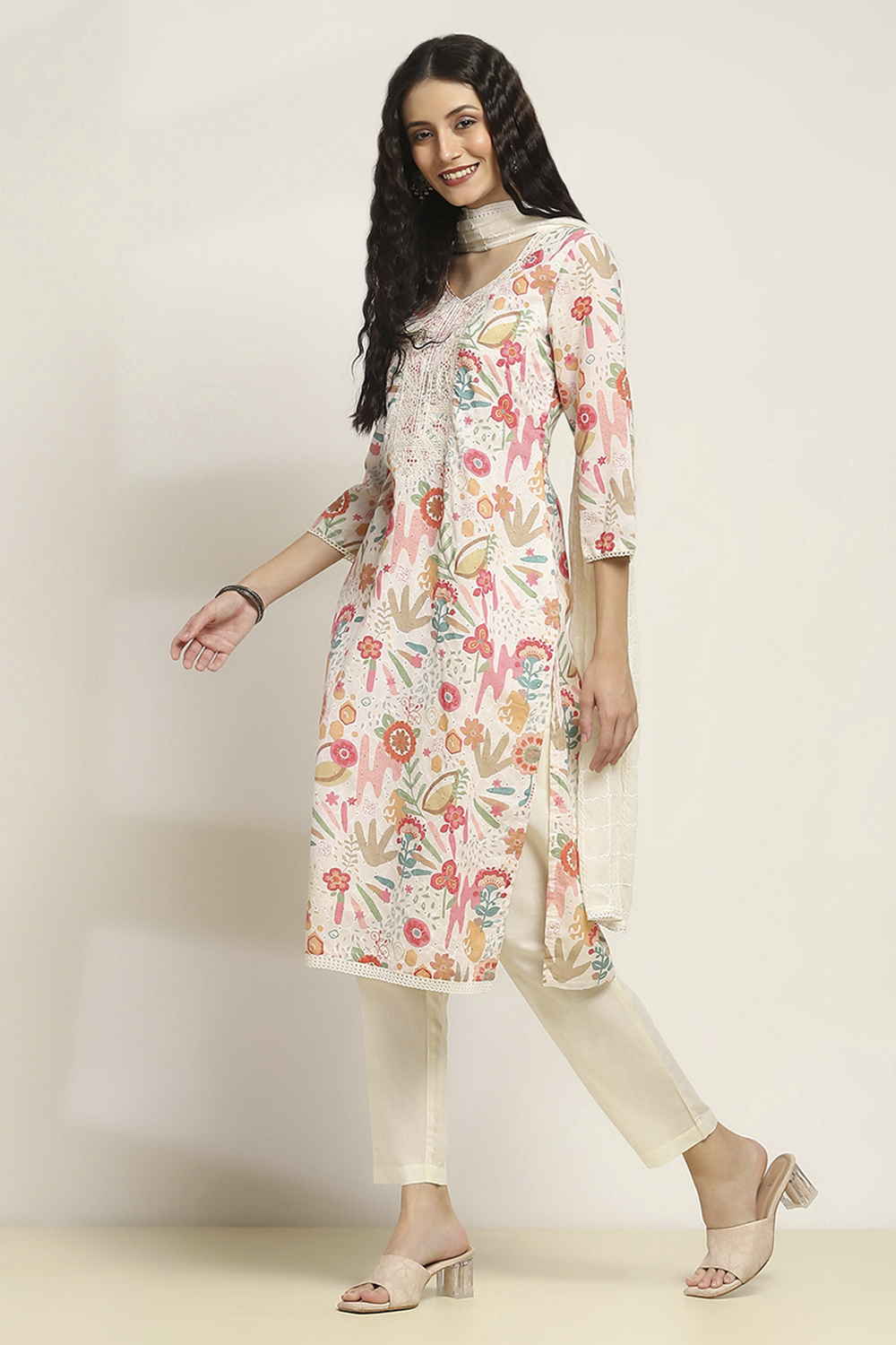 Off White Cotton Blend Straight SET image number 3