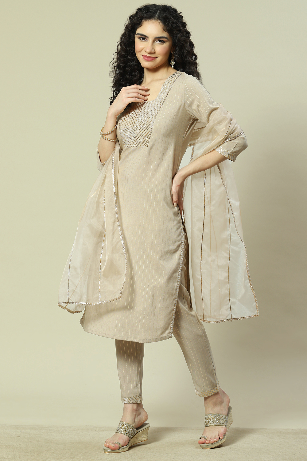 Beige Viscose Woven Straight Kurta Suit Set image number 5