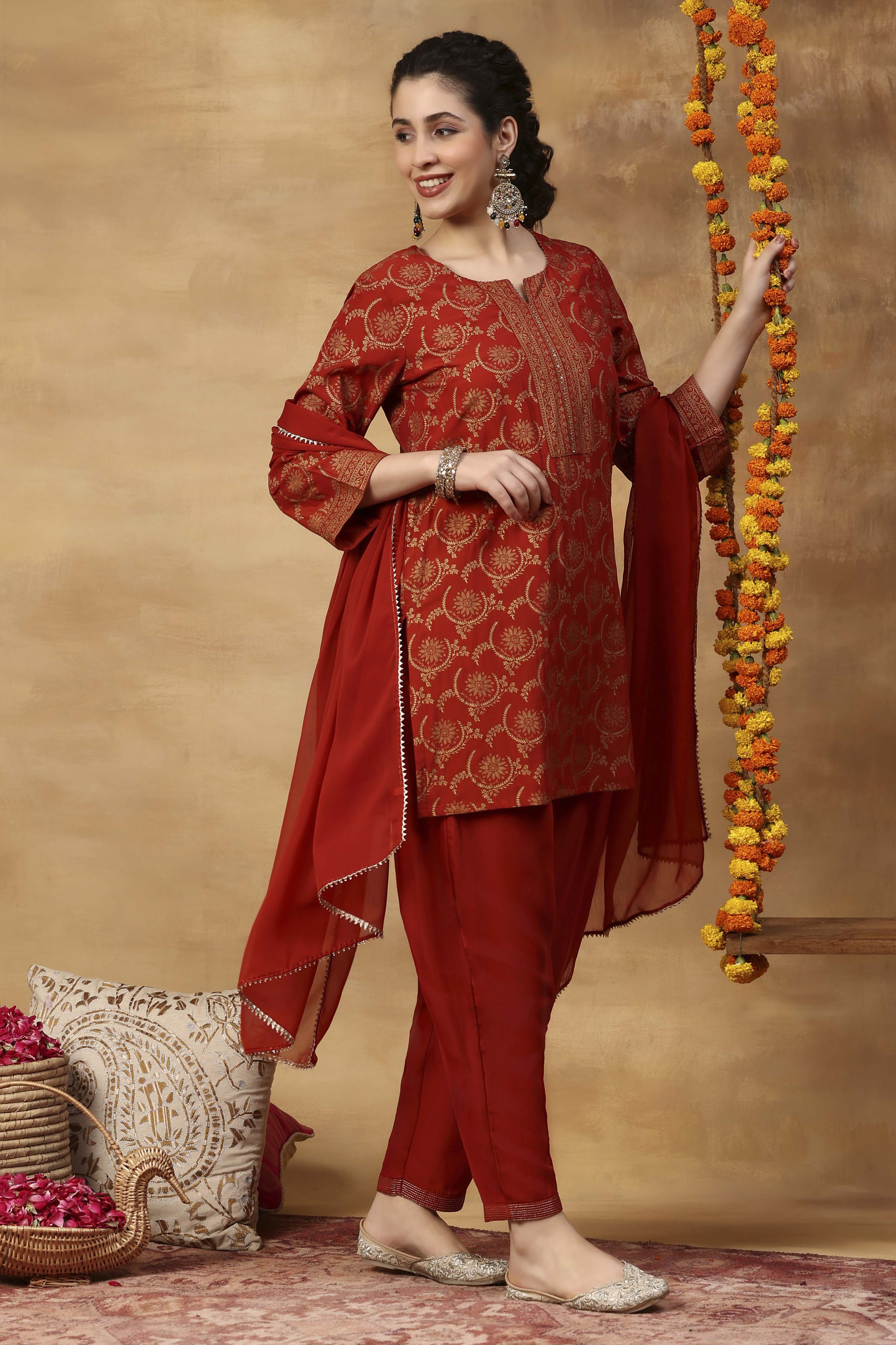 Orange Printed Poly Viscose Straight Kurta Set image number 4