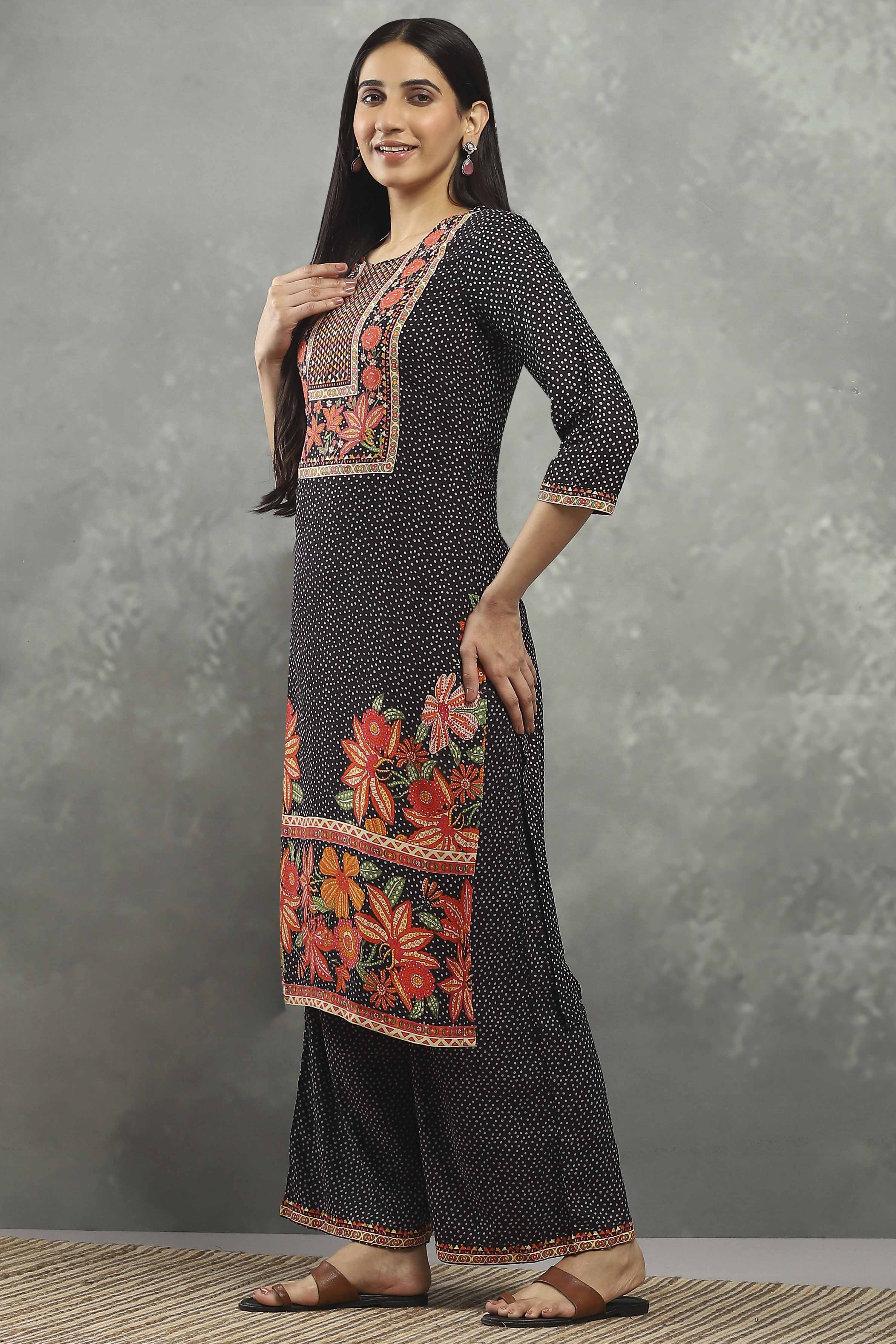 Black Polyester Straight Kurta Pants Set image number 3