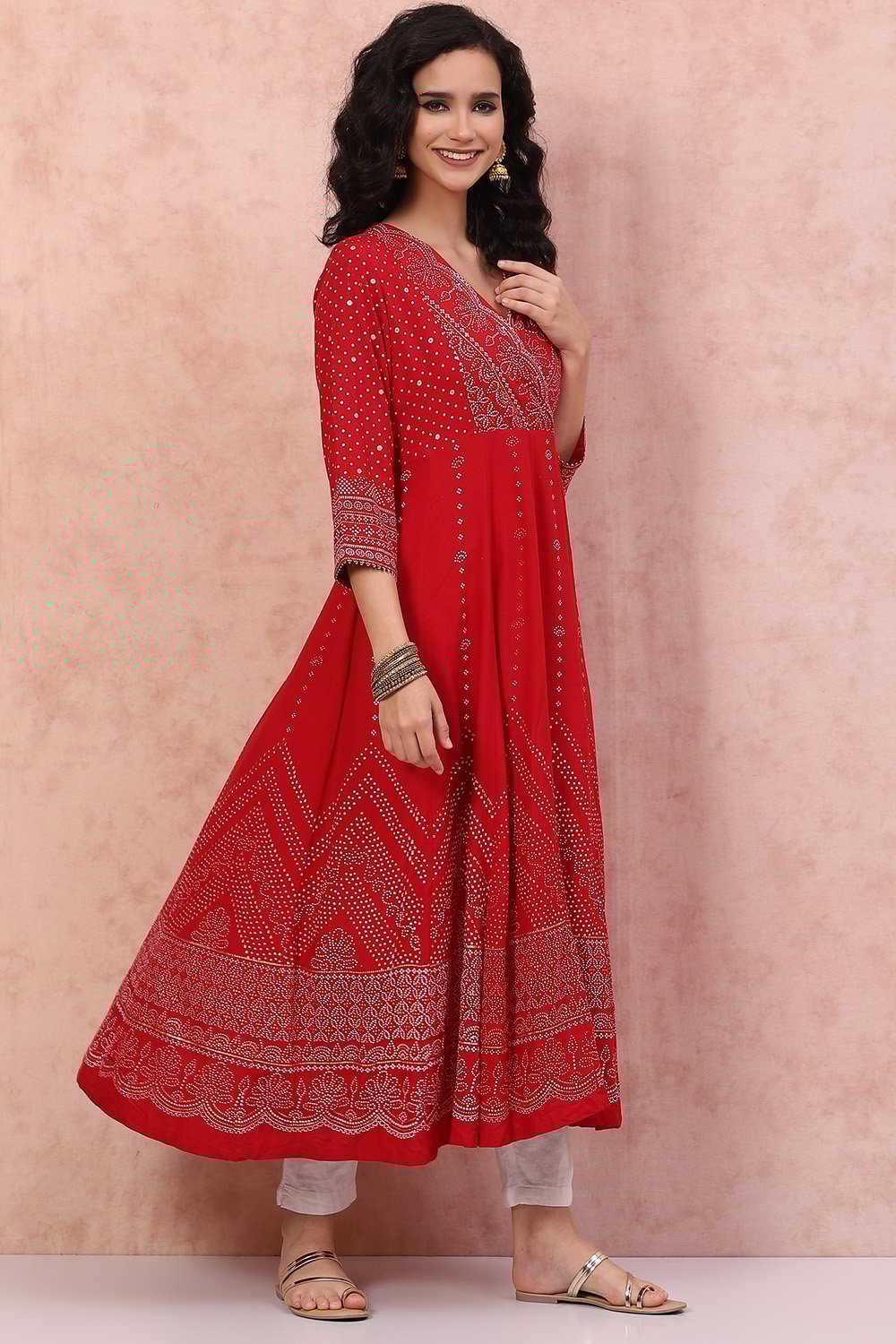 Red LIVA Kalidar Kurta Dress image number 3
