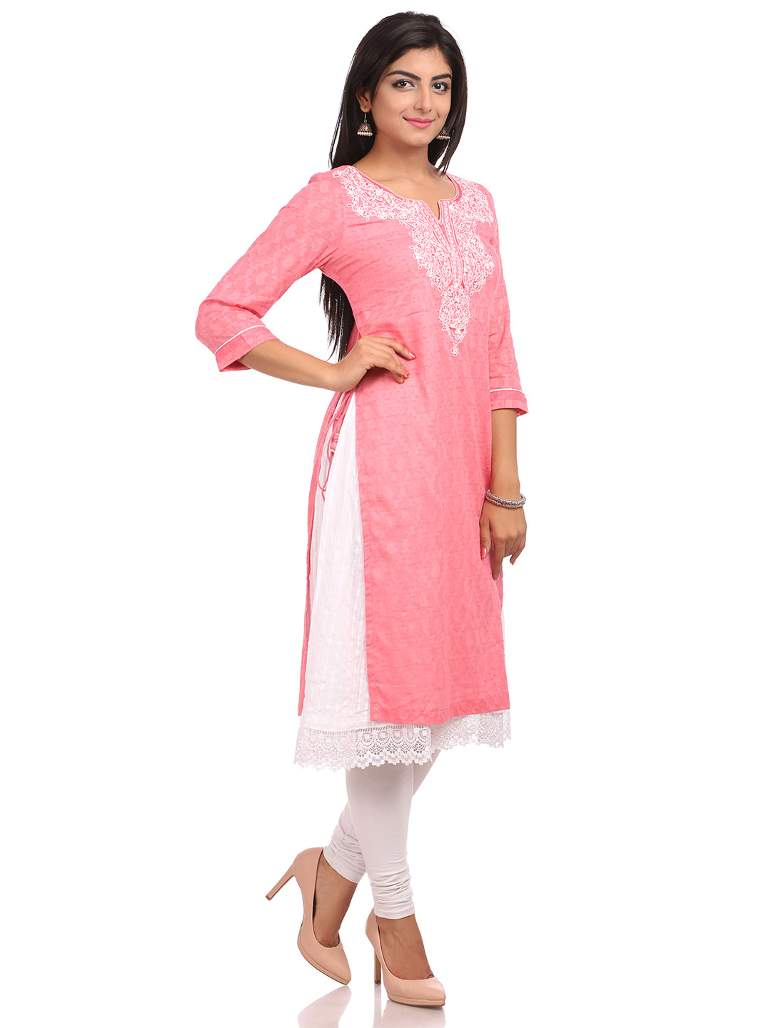 Pink Asymmetric Cotton Kurta image number 2