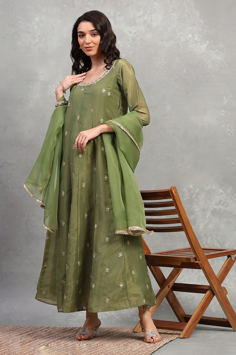 Green Tissue Solid Anarkali Dress image number 0
