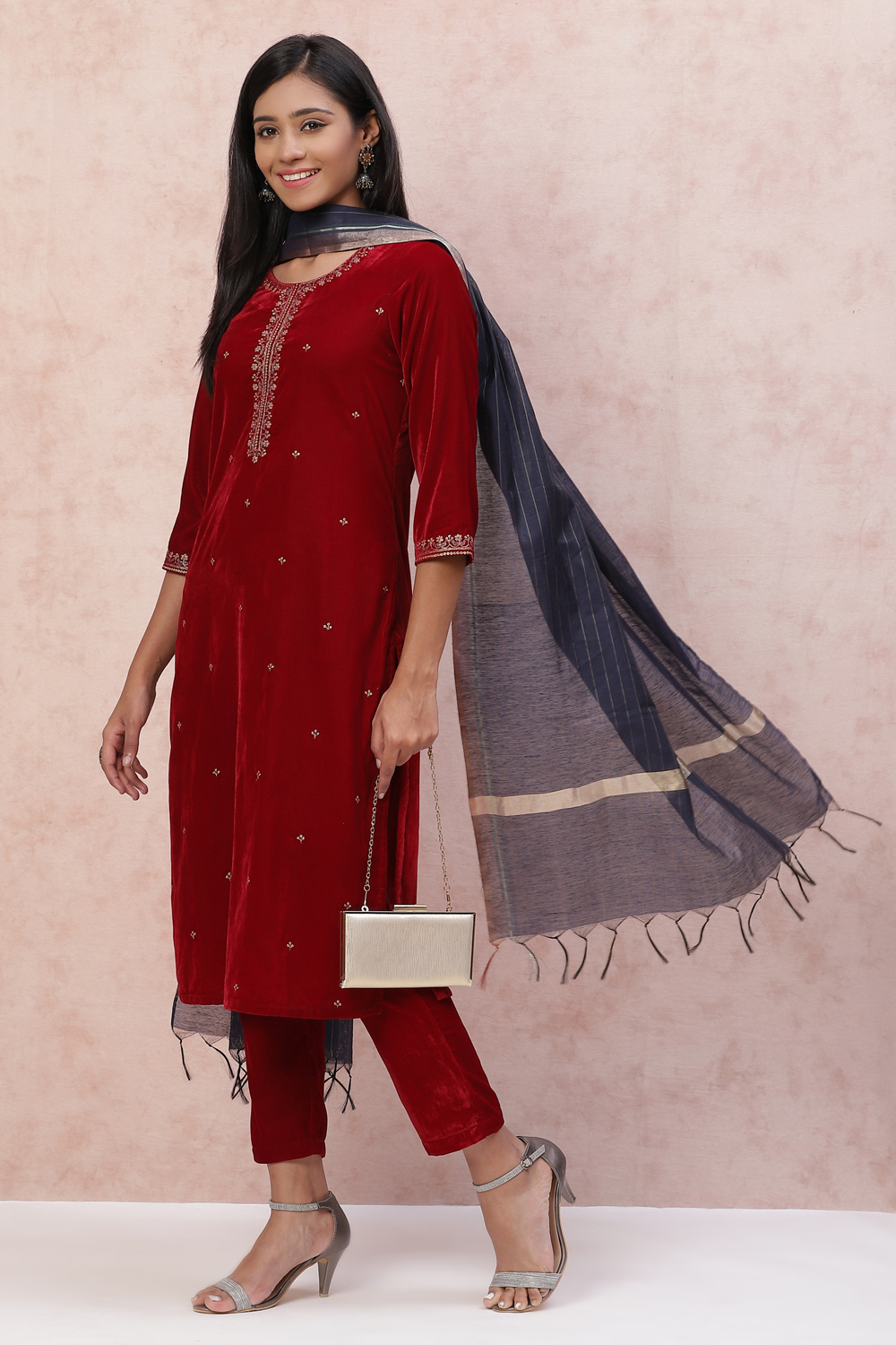 Maroon Velvet Straight Suit Set image number 0