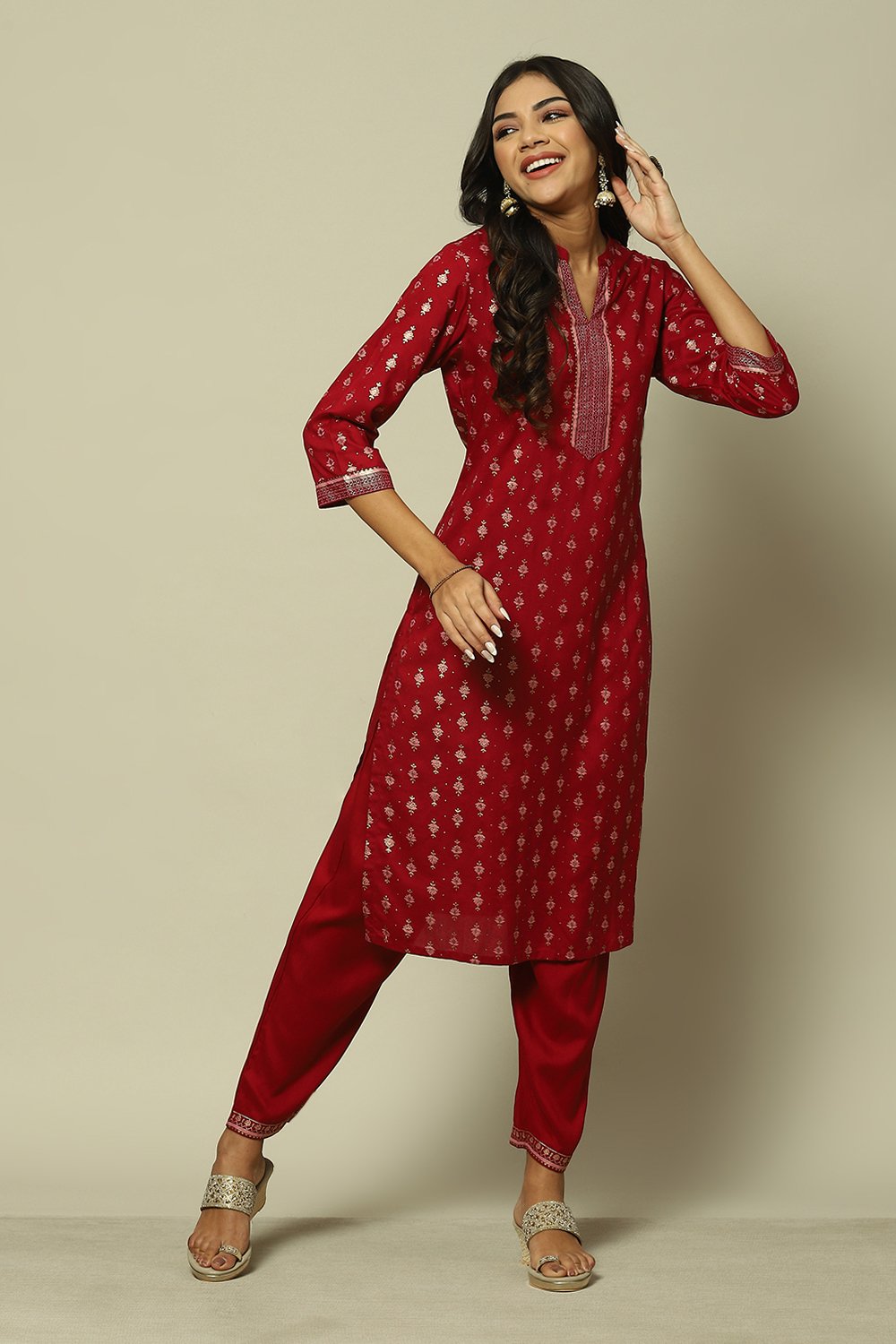 Pink LIVA Straight Printed Kurta Palazzo Suit Set image number 0