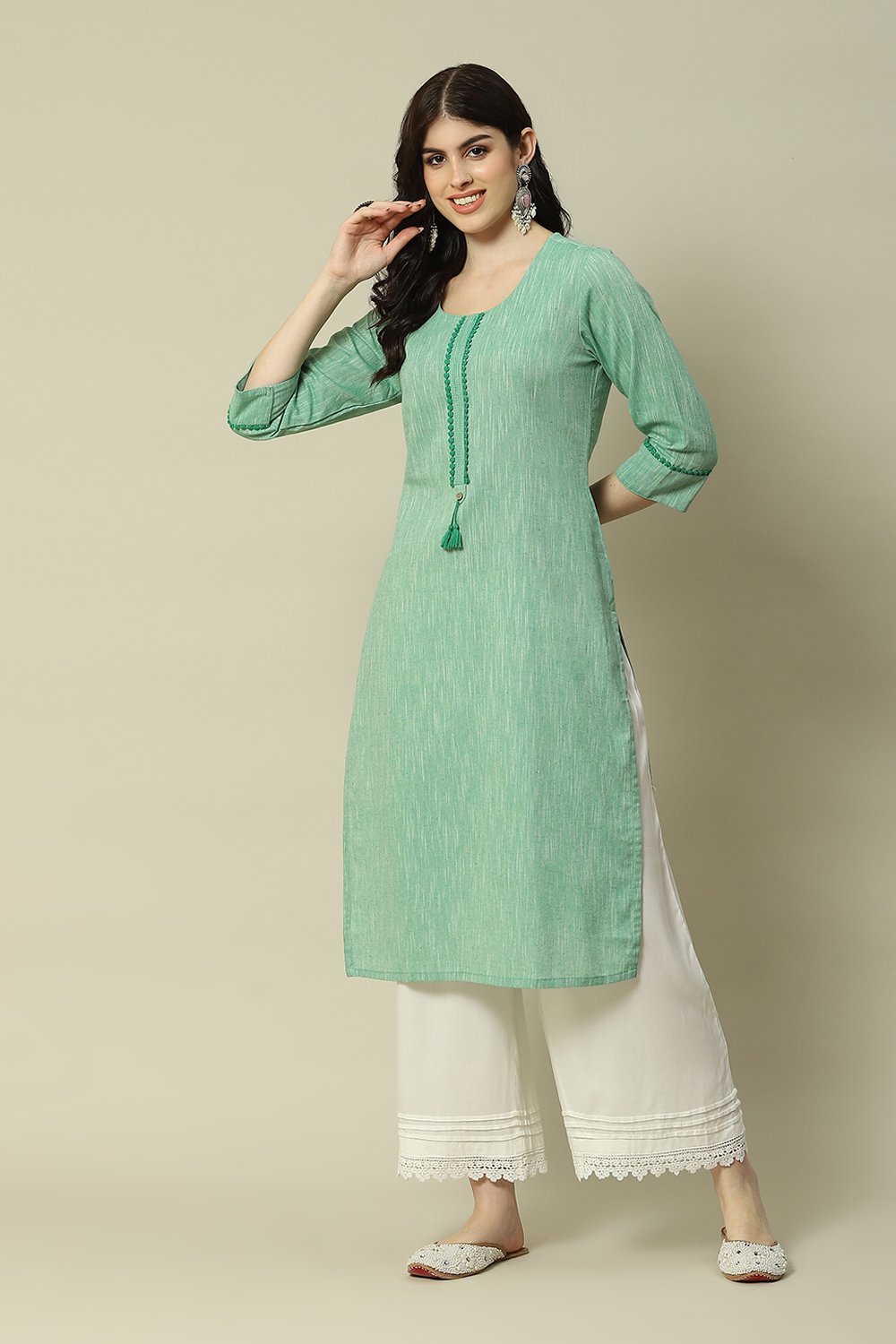 Buy Green Polyester Straight Yarndyed Kurta 1N by Rangriti