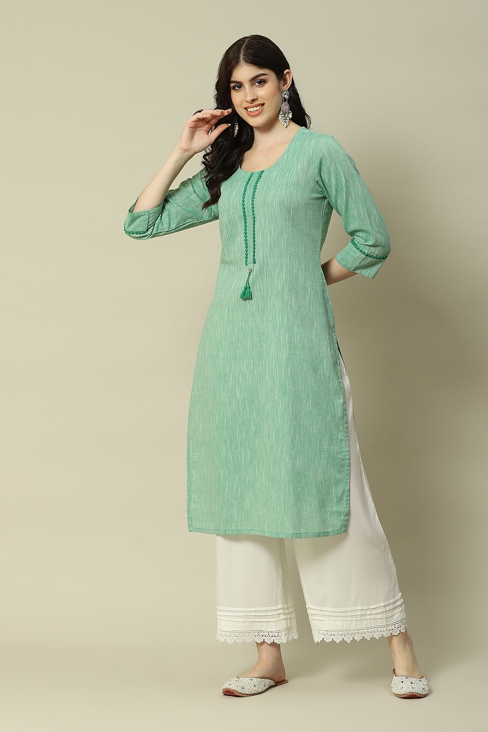 Green Polyester Straight Yarndyed Kurta image number 0