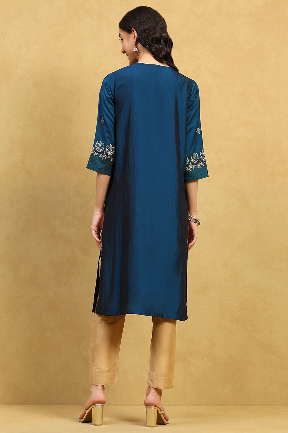 Blue Art Silk Printed Straight Kurta image number 3