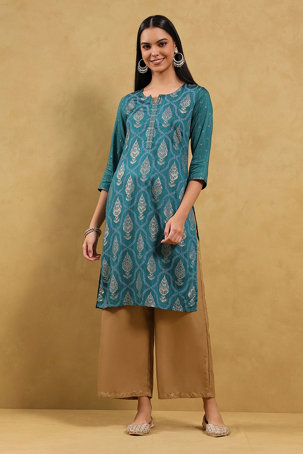 Teal Viscose Blend Printed Straight Kurta image number 5