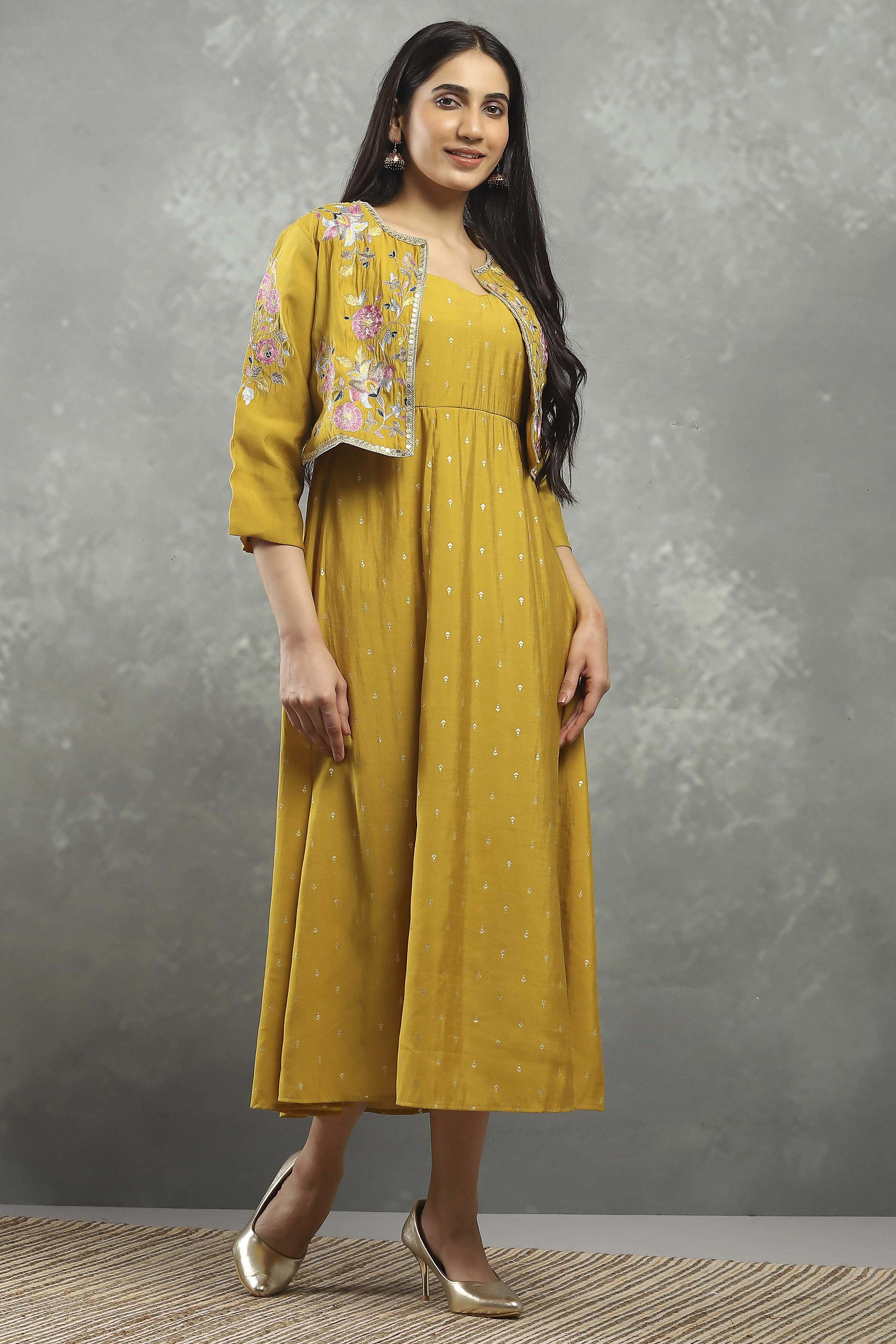 Mustard Viscose Blend Printed Kalidar Dress image number 4