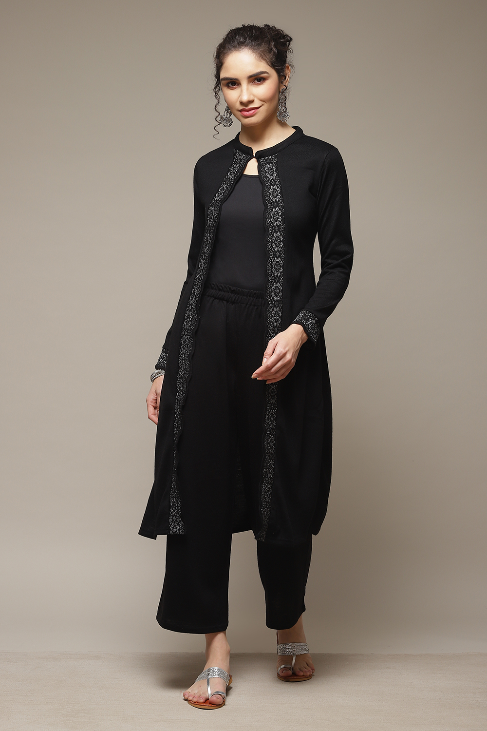 Black Acrylic Front Open Kurta image number 1