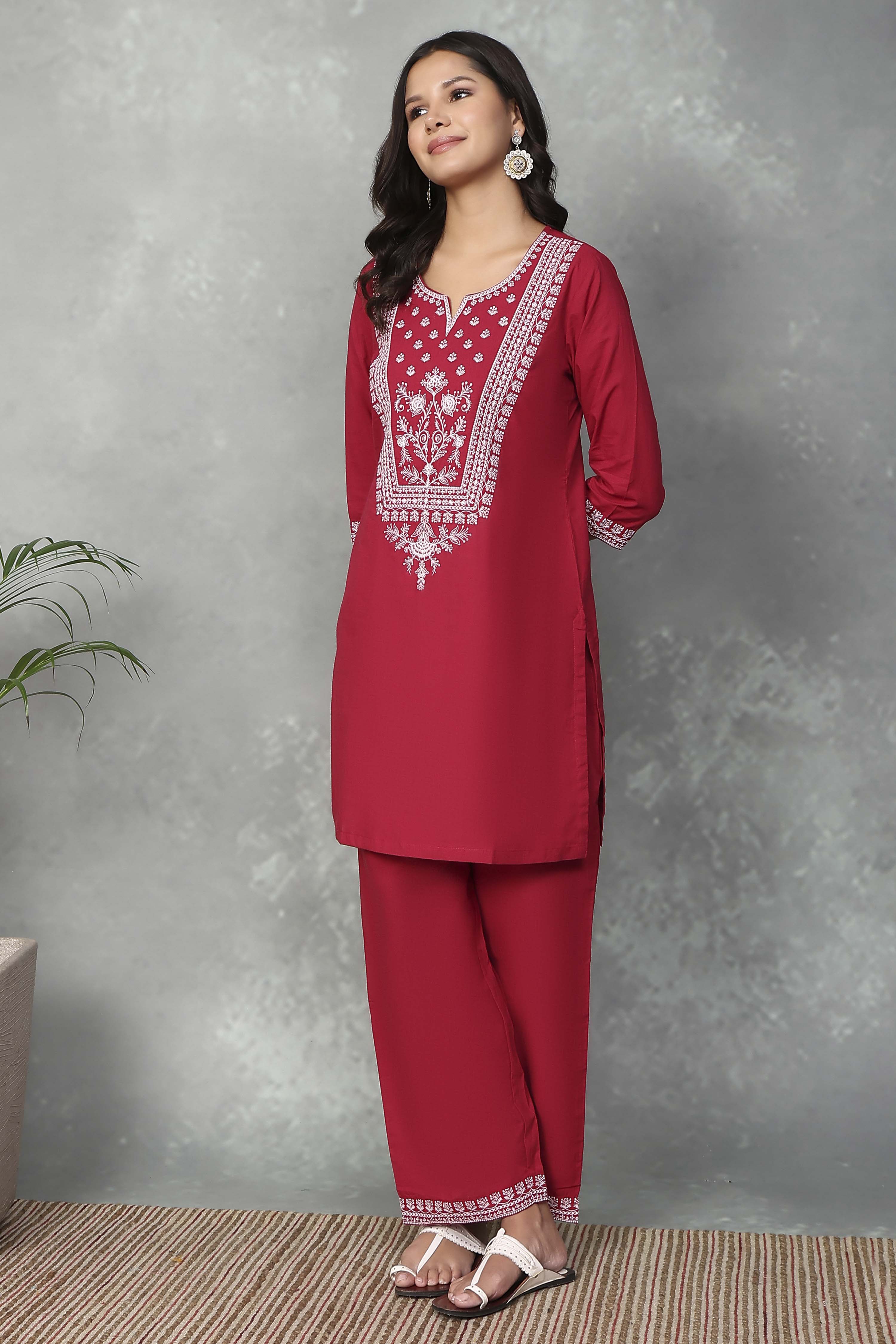 Red Cotton Kurta Pants Set image number 0