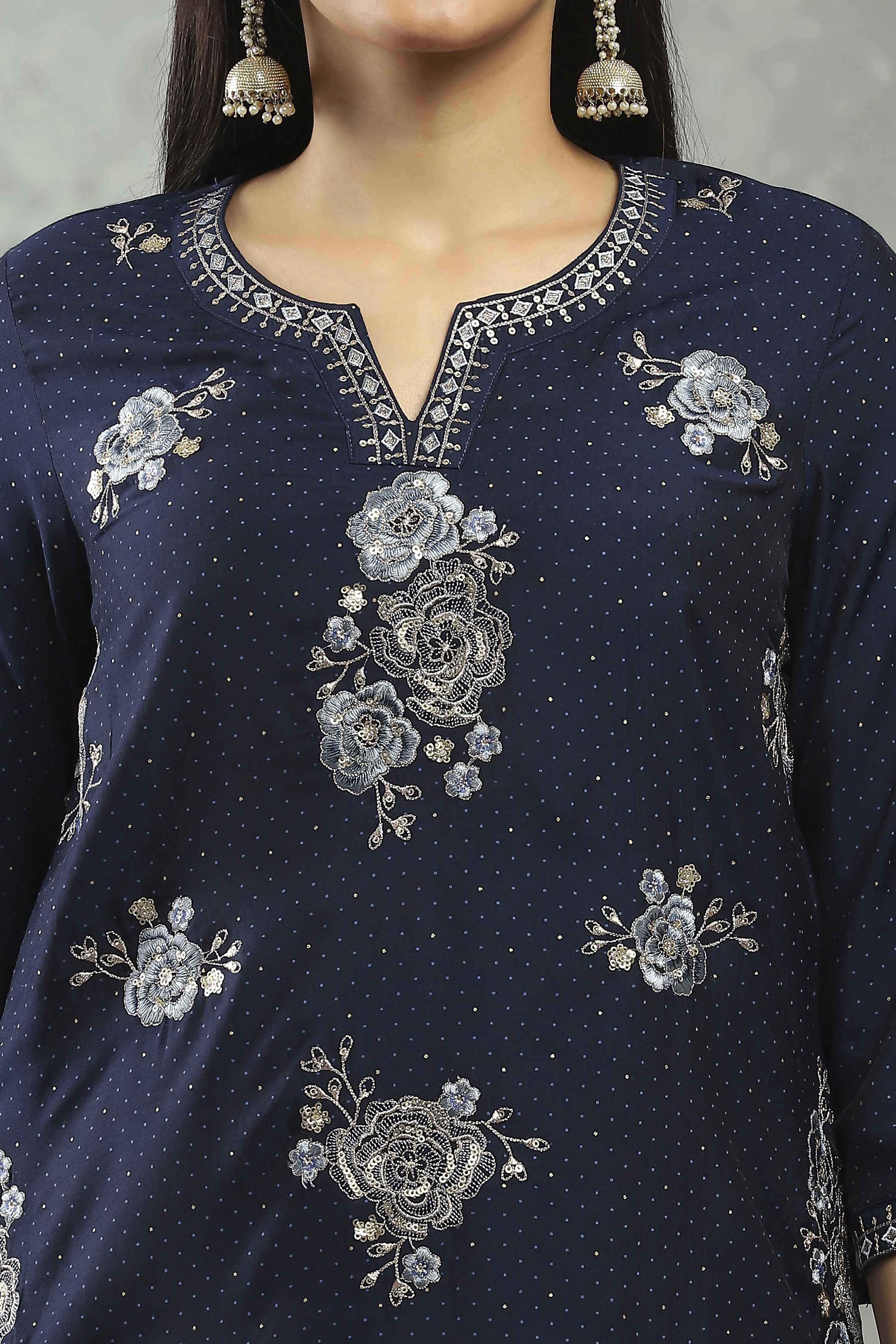 Indigo Blue Viscose Blend Printed Straight Sharara Suit Set image number 1